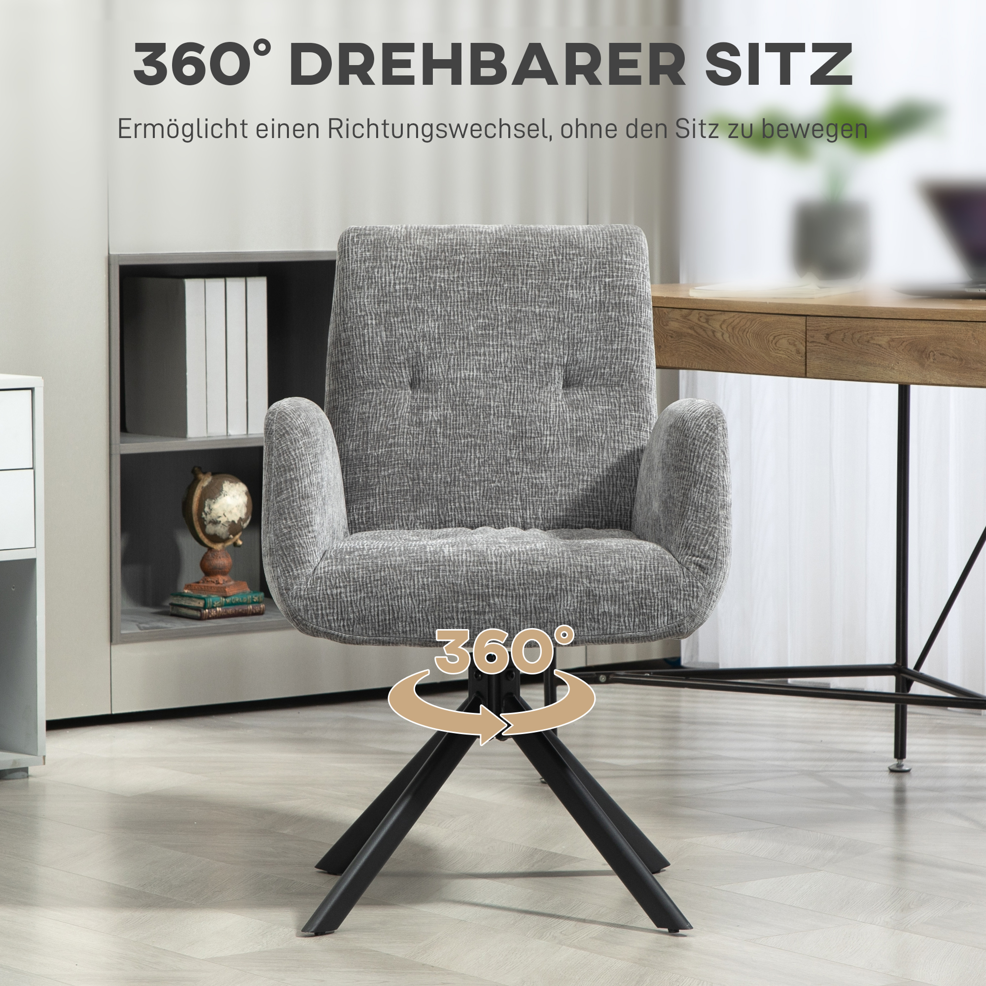 Ein grauer Drehstuhl mit einem 360°-Pfeilsymbol. Text: 360° DREHBARER SITZ. Der Stuhl befindet sich in einer Büroumgebung.