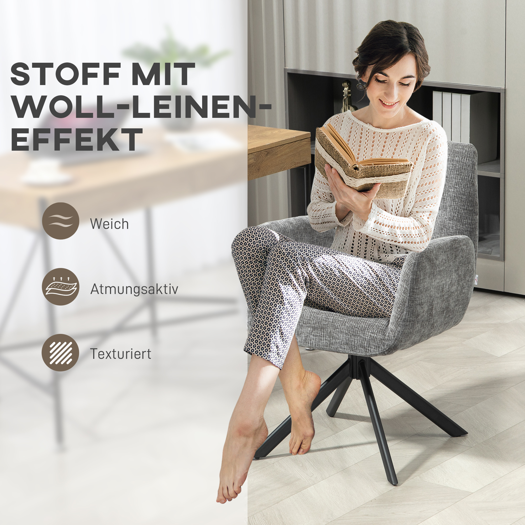 Eine Frau liest ein Buch in einem grauen Drehstuhl. Text auf Deutsch beschreibt den Woll-Leinen-Effekt des Stoffes.