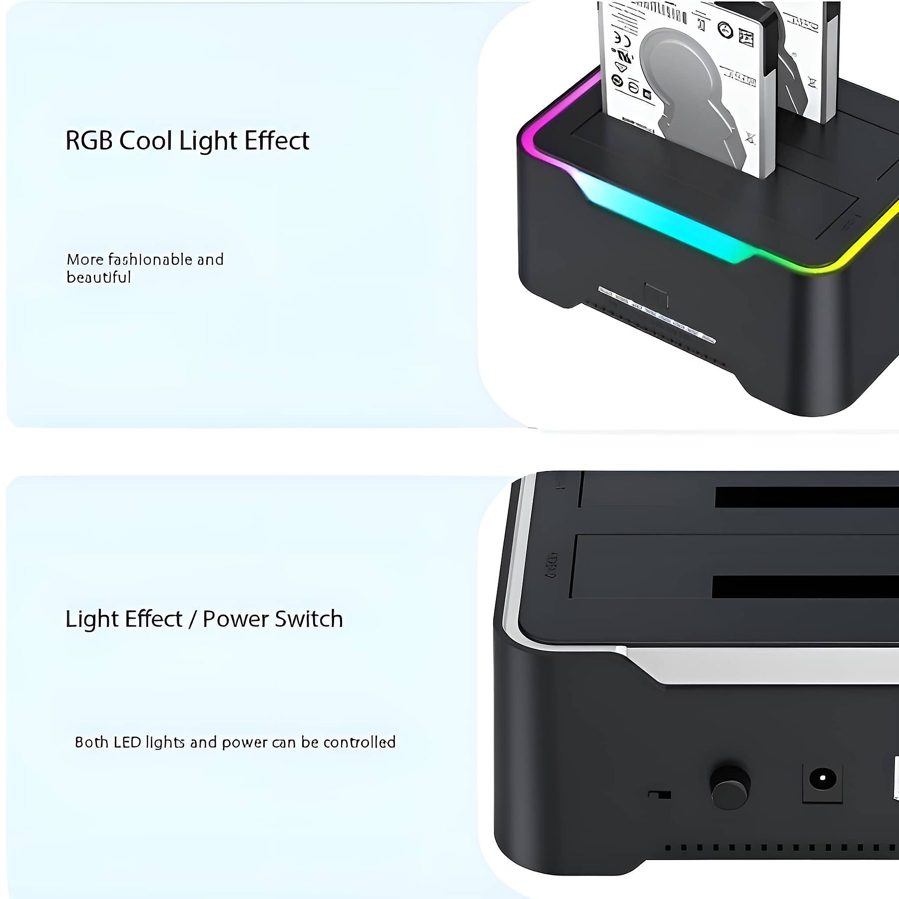 Schwarzes und graues Festplattengehäuse mit USB-Kabel.
