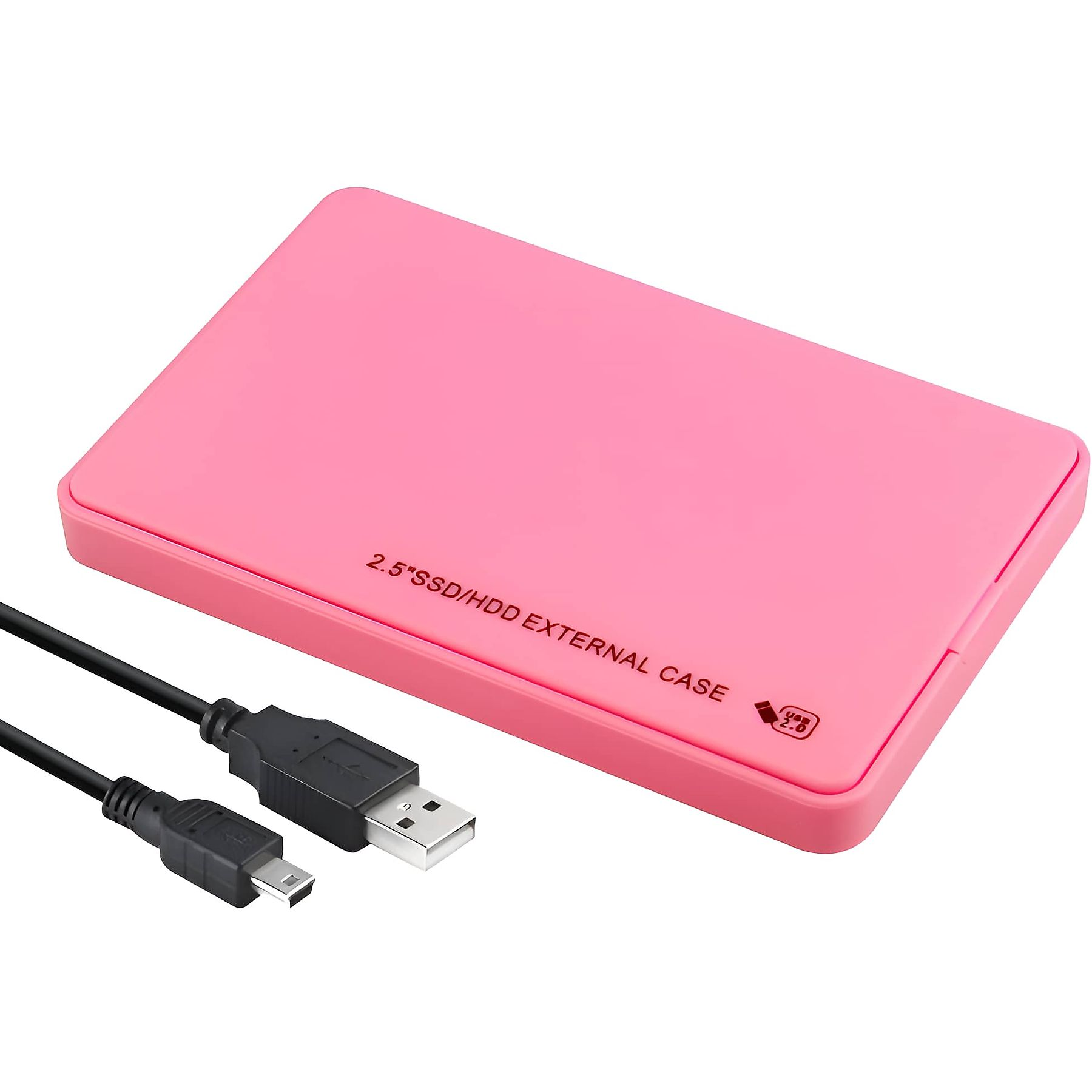 Ein rosa 2,5" SSD/HDD-externes Gehäuse und ein schwarzes USB-Kabel.
