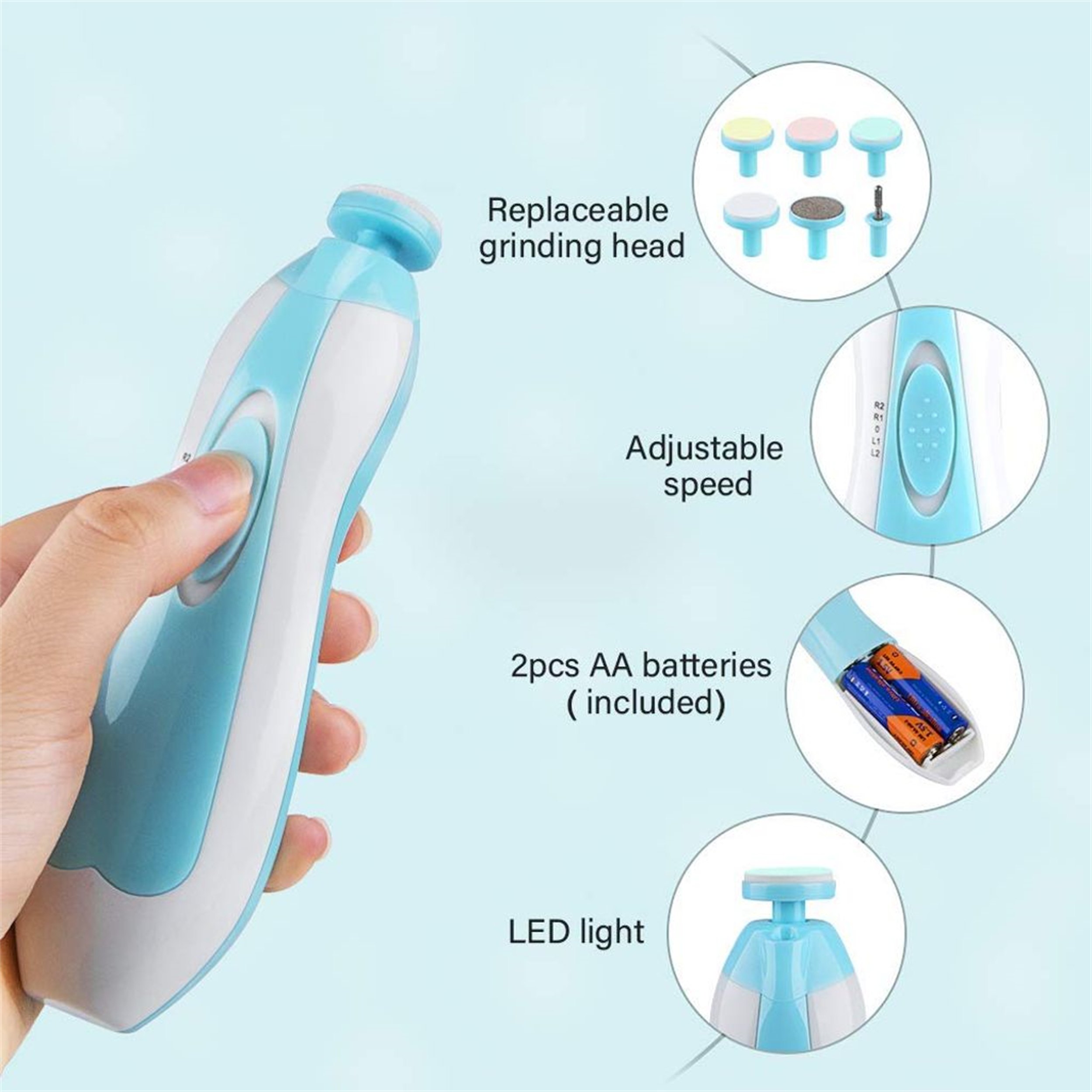 Nahaufnahme eines Nagelpflegegeräts. Es ist blau und weiß, mit einem Knopf, einstellbarer Geschwindigkeit und Batterien.