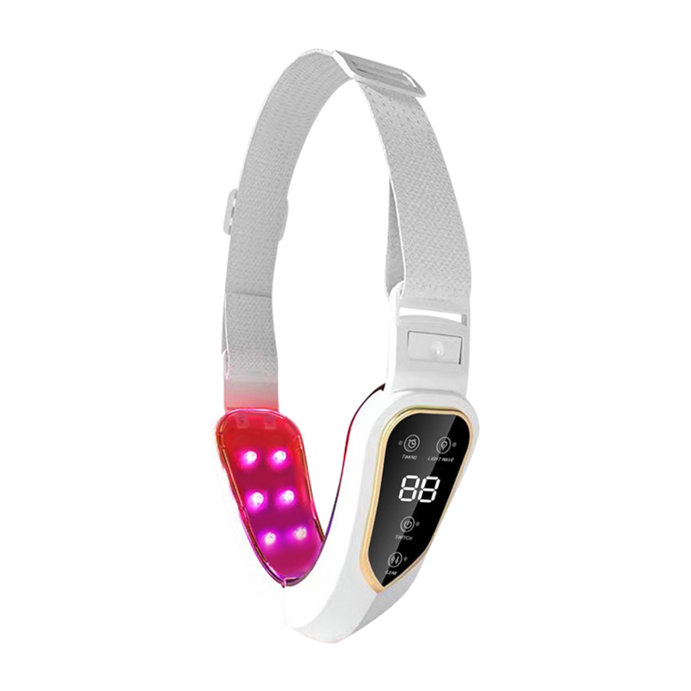 Weißes und goldenes Gesichts- und Nackenmassagegerät mit LED-Leuchten und einer Digitalanzeige mit '88'.