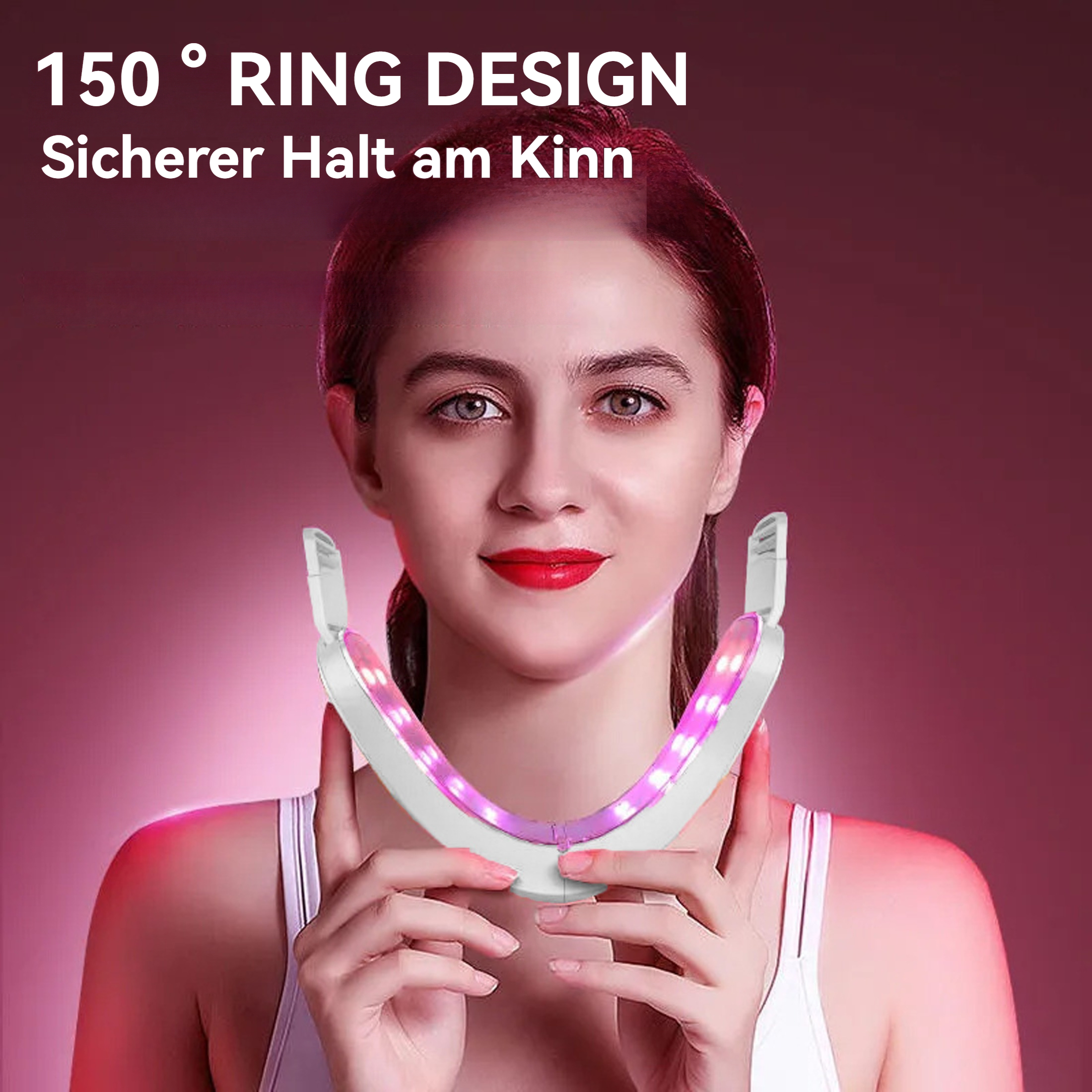 Frau hält ein Gesichtspflegegerät mit rosa und weißem Design.