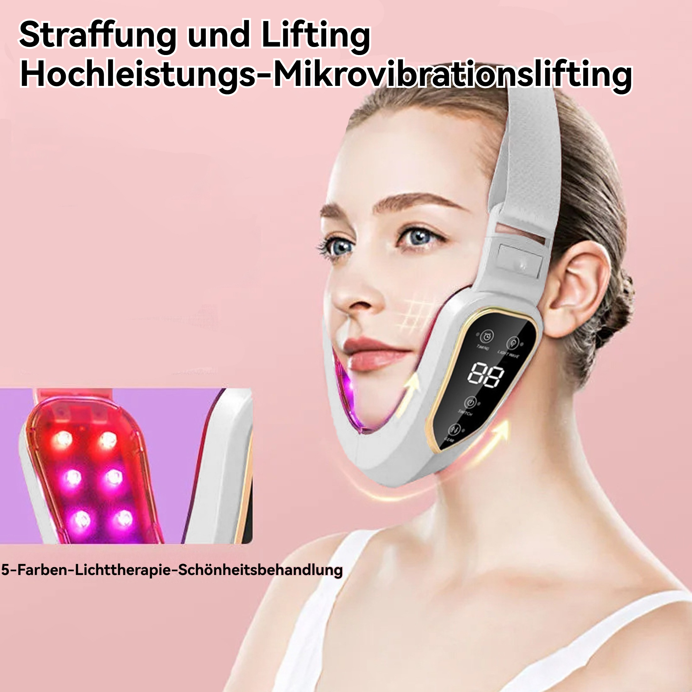 Frau, die ein Gesichtsstraffungsgerät benutzt, das Display und rote Lichter zeigt.
