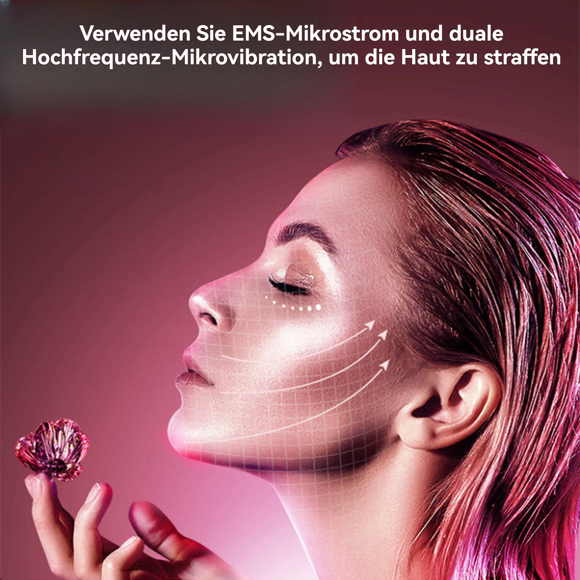Eine Frau mit pinkfarbenem Haar und pinkfarbenem Hintergrund. Es ist eine Nahaufnahme ihres Gesichts mit Linien zur Hautbehandlung.