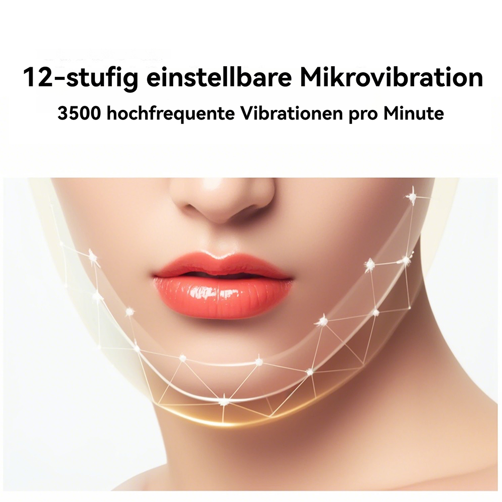 Das Gesicht einer Frau mit rotem Lippenstift und einem Gesichtsstraffungsgerät.