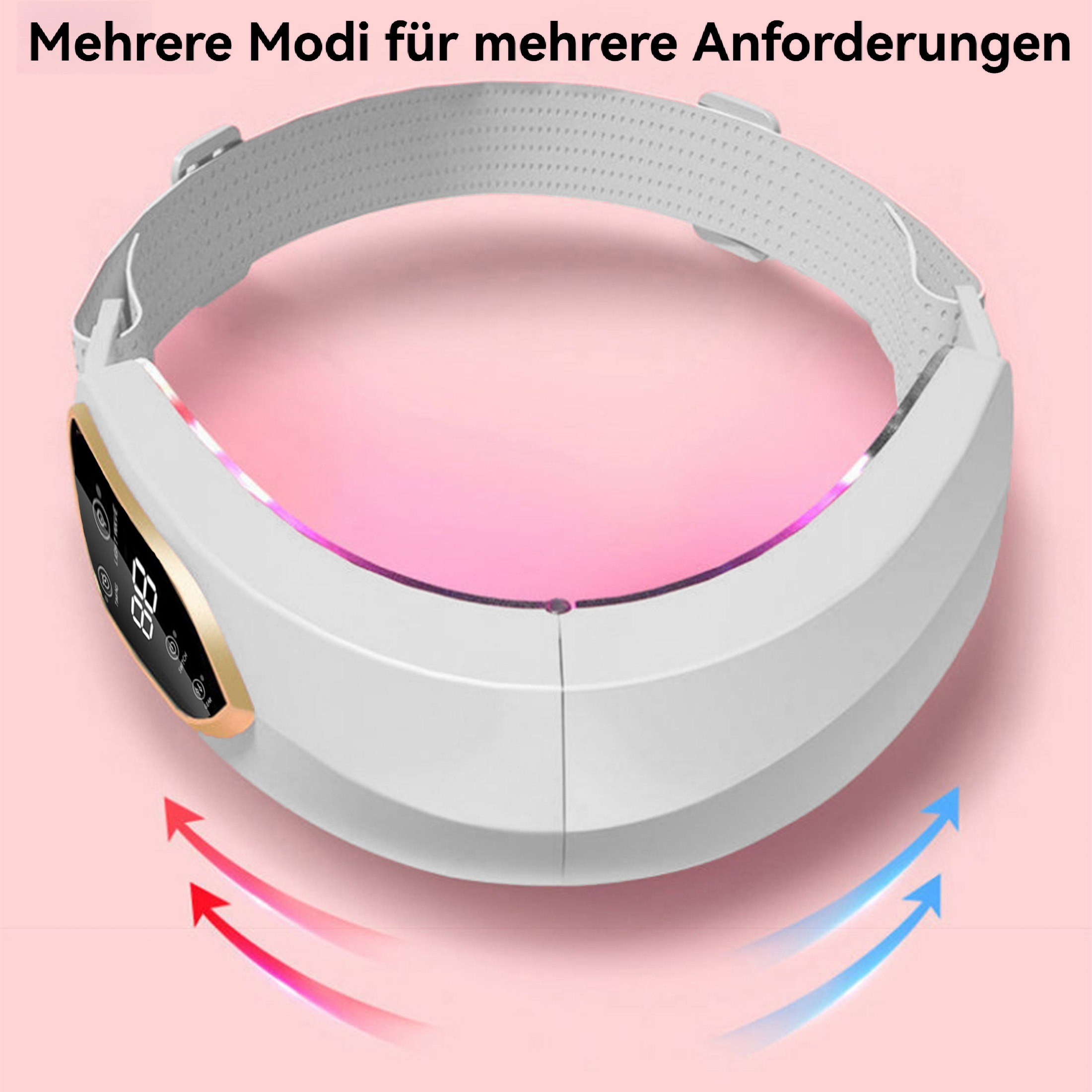 Ein weißes Nackenmassagegerät mit rosa und blauem Licht und Pfeilen. Rosa Hintergrund.