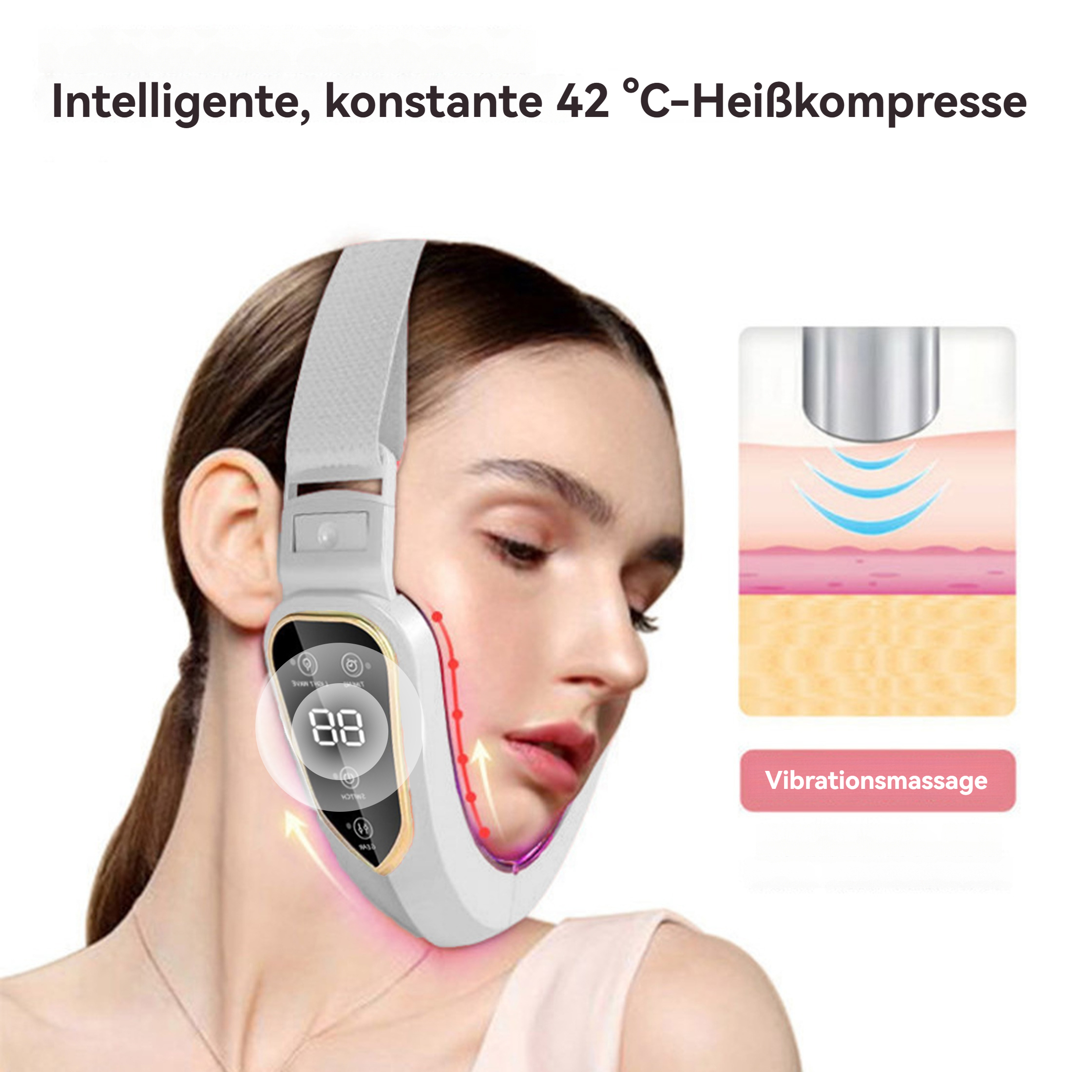 Frau mit einem Gesichtsgerät, das einen Bildschirm und eine Illustration zeigt.