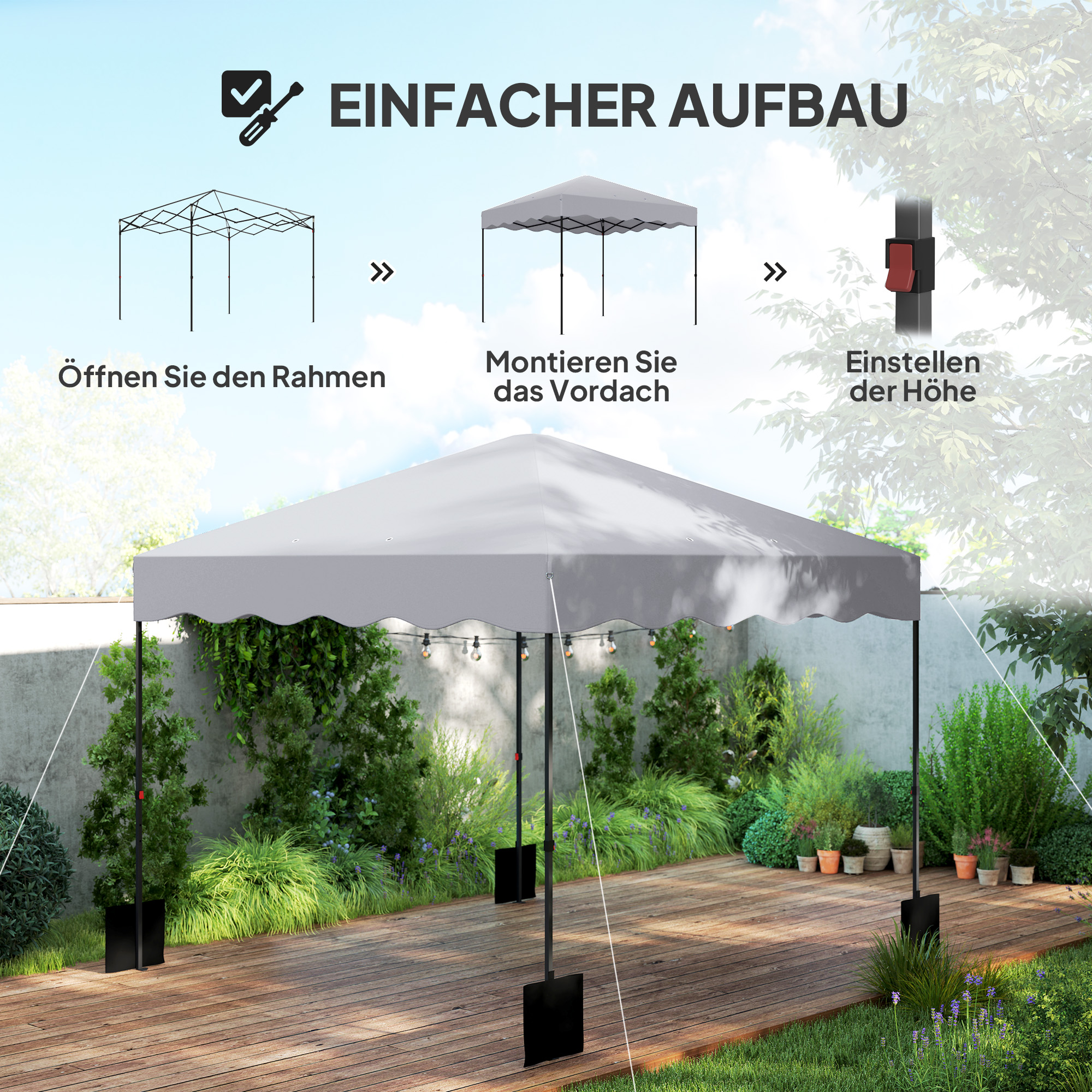 Ein grauer Pavillon steht auf einem Holzdeck, umgeben von Grün, unter blauem Himmel, der seine einfachen Aufbauschritte zeigt.