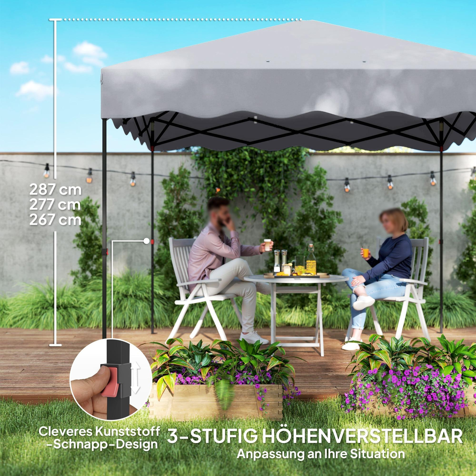 Ein Paar sitzt an einem Tisch unter einem Pavillonzelt im Garten. Das Zelt ist höhenverstellbar.