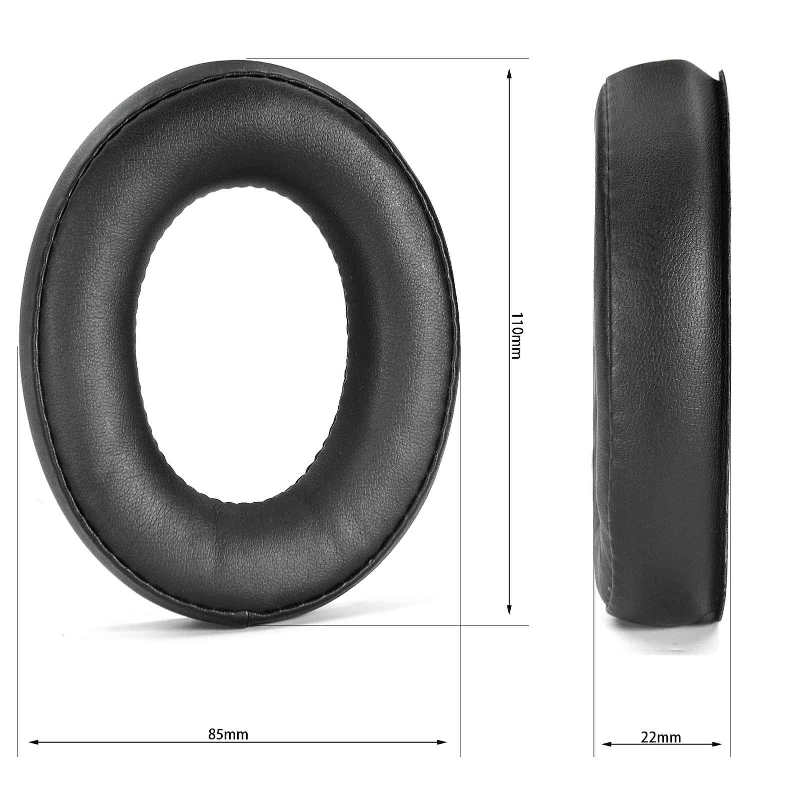 Due cuscinetti auricolari neri e rotondi per cuffie vengono visualizzati con dimensioni su uno sfondo bianco.