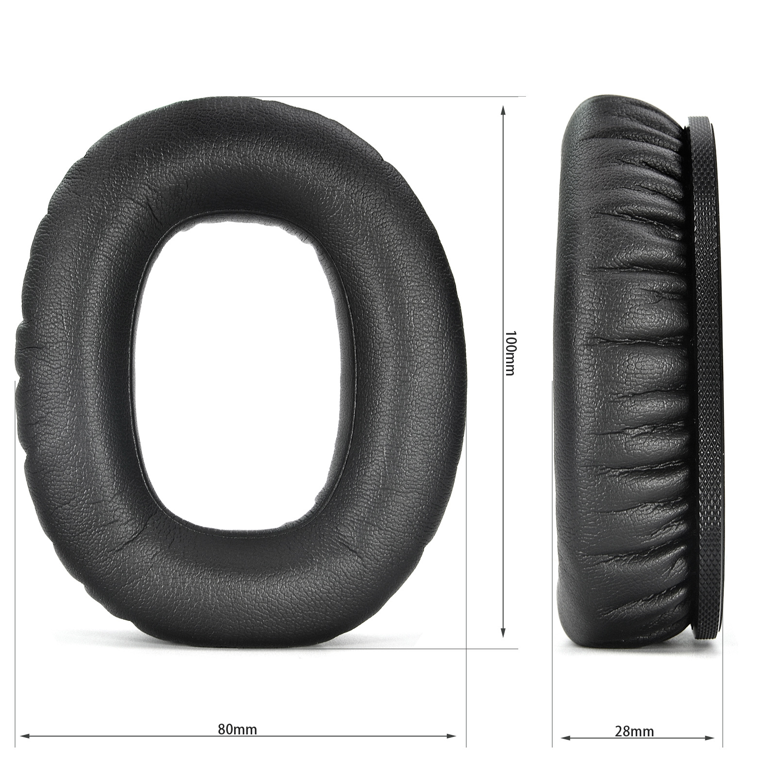 Dimensioni mostrate di un cuscinetto nero per cuffie: 80 mm di larghezza, 100 mm di altezza e 28 mm di spessore.