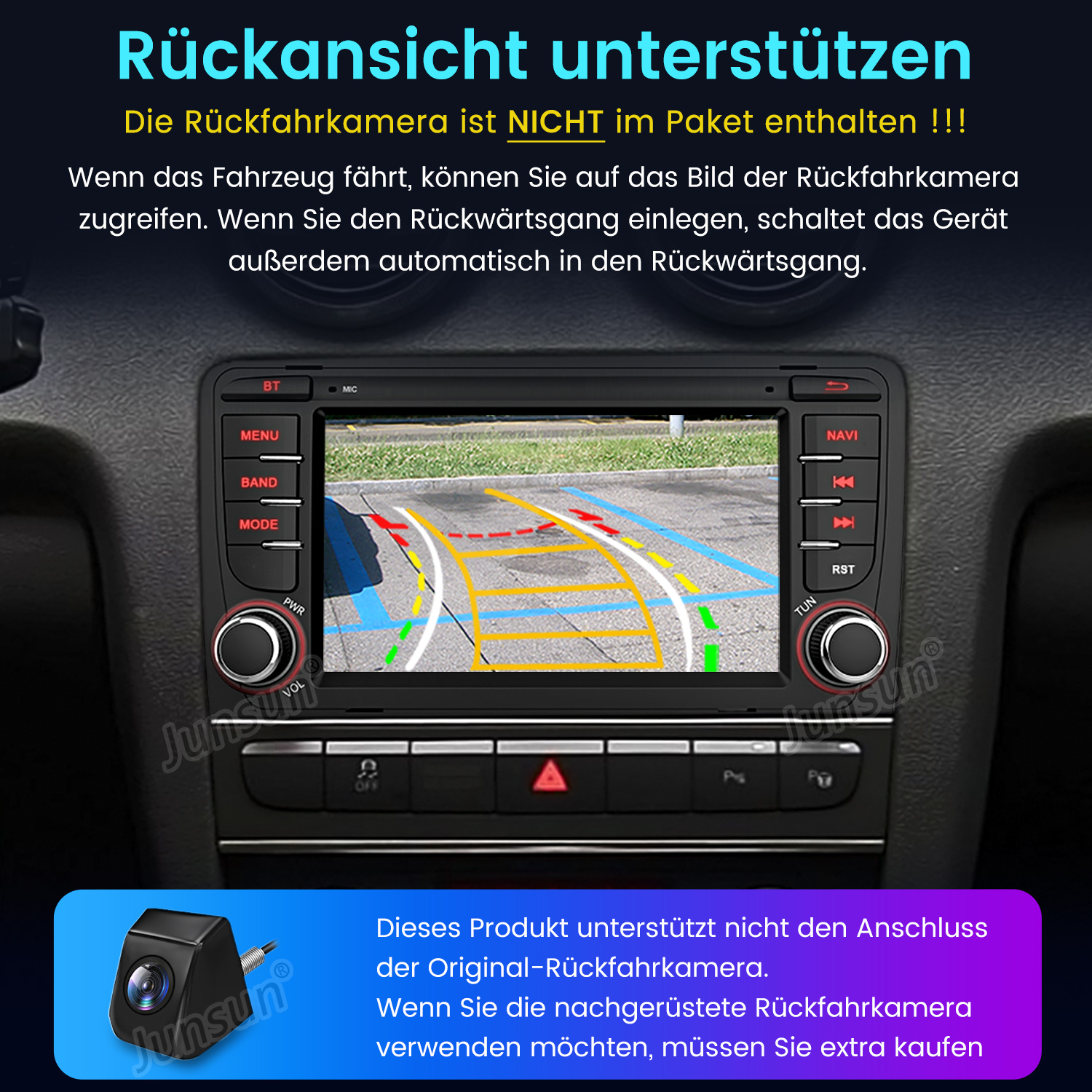 Ein Armaturenbrett mit einem Bildschirm, der eine Rückfahrkameraview und Tasten zeigt.