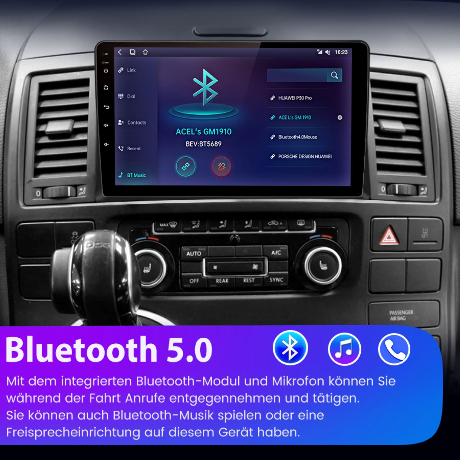 Autoradio-Bildschirm mit Bluetooth-Einstellungen und -Symbolen, Beschreibung von Bluetooth 5.0.