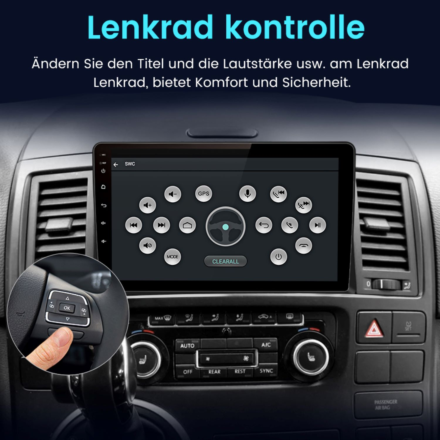 Armaturenbrett eines Autos, das ein Multimedia-System mit Navigation und Bedienelementen am Lenkrad anzeigt.