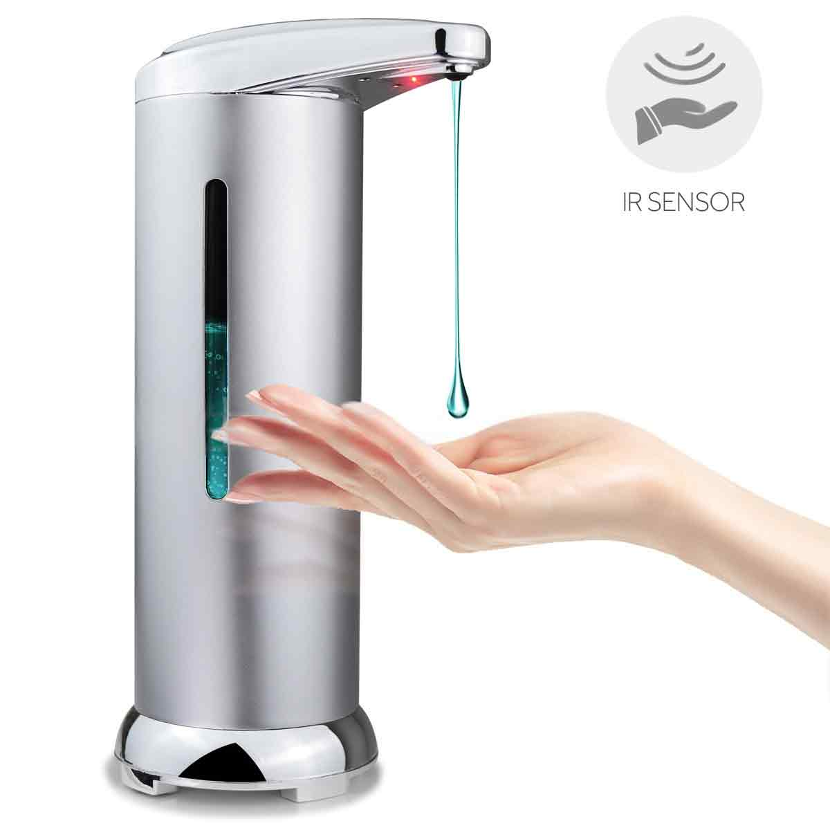 Silberner automatischer Seifenspender, eine Hand greift nach Seife.