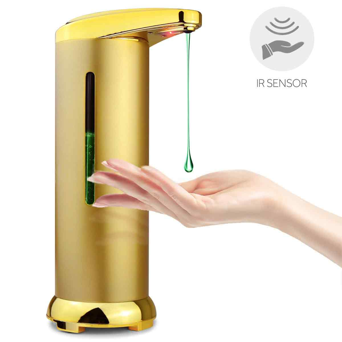 Ein goldener automatischer Seifenspender mit einer Hand unter dem Ausguss und einem IR-Sensor-Symbol.