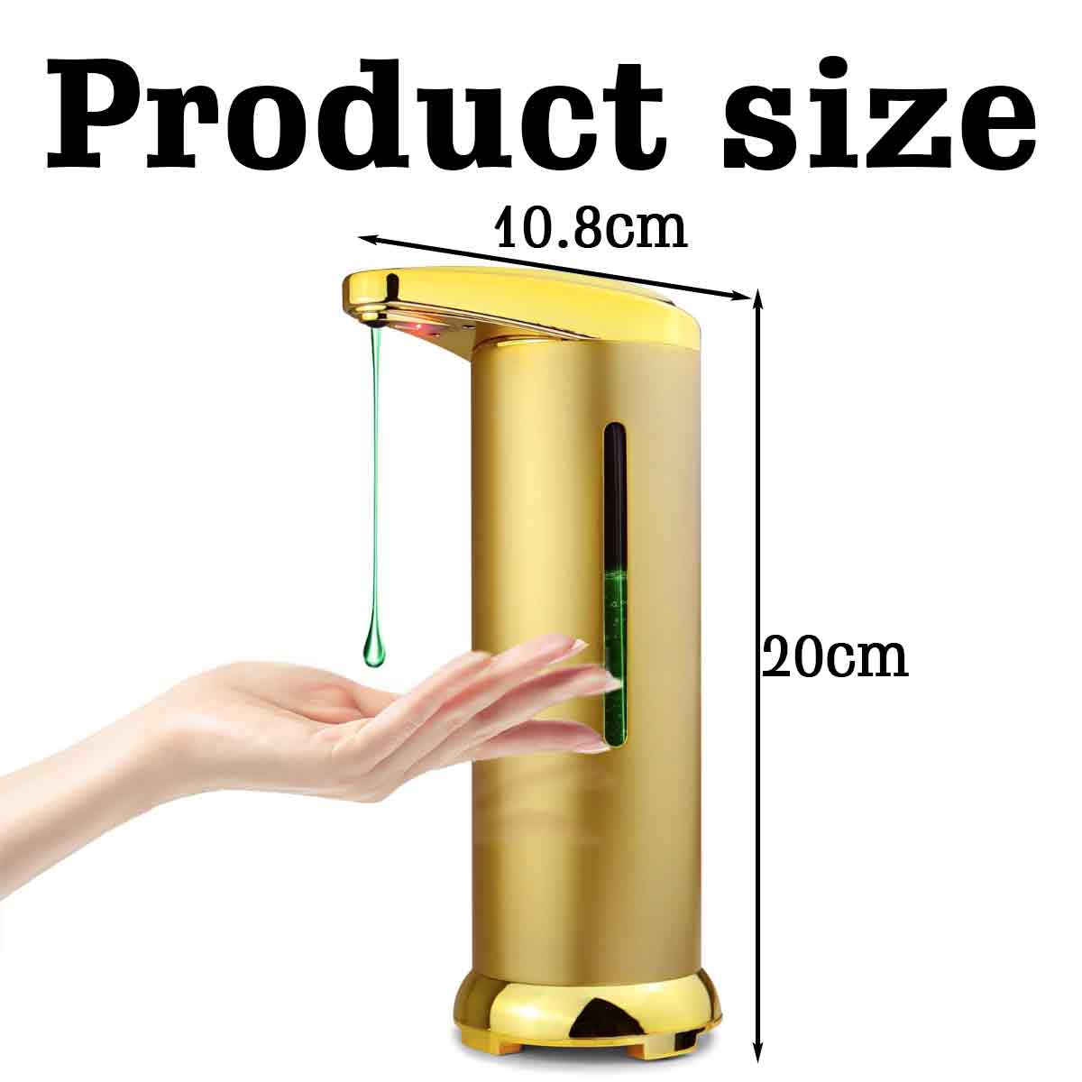 Ein goldener automatischer Seifenspender mit Produktgrößeninformationen. Eine Hand ist unter dem Ausguss.