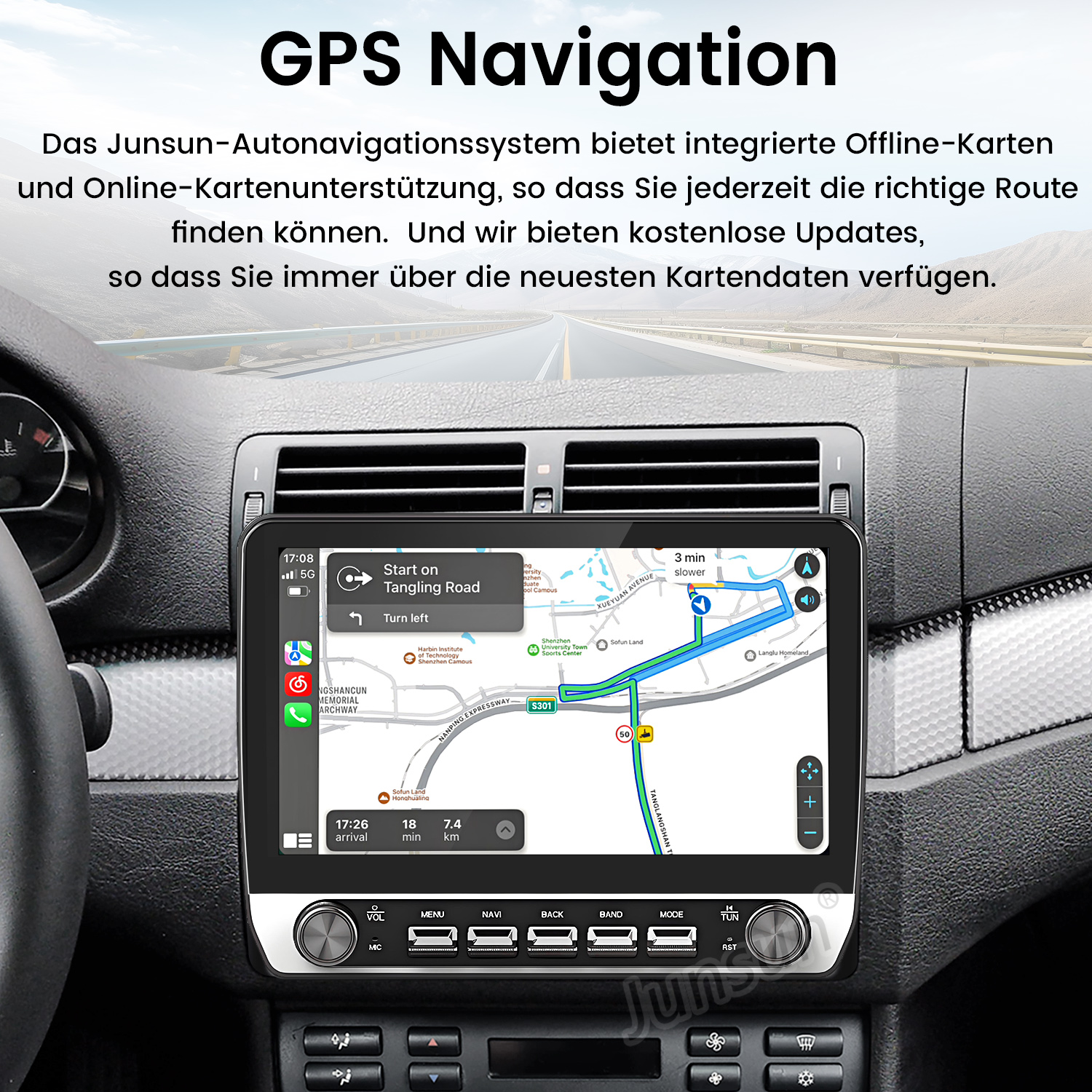 Armaturenbrett eines Autos mit GPS-Navigationsbildschirm, der eine Karte anzeigt.