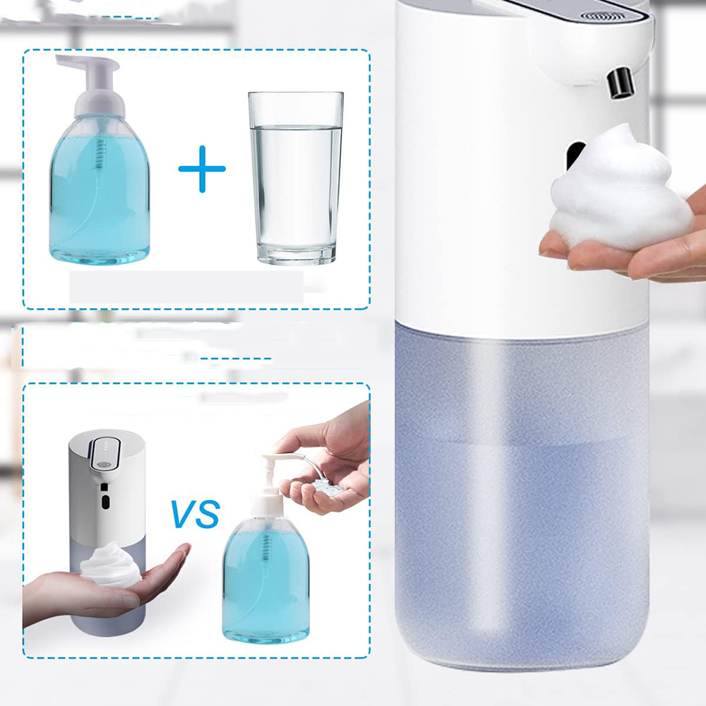 Vergleich von Seifenspendemethoden: automatischer Spender vs. manueller Pumpe. Ein Glas Wasser ist auch gezeigt.