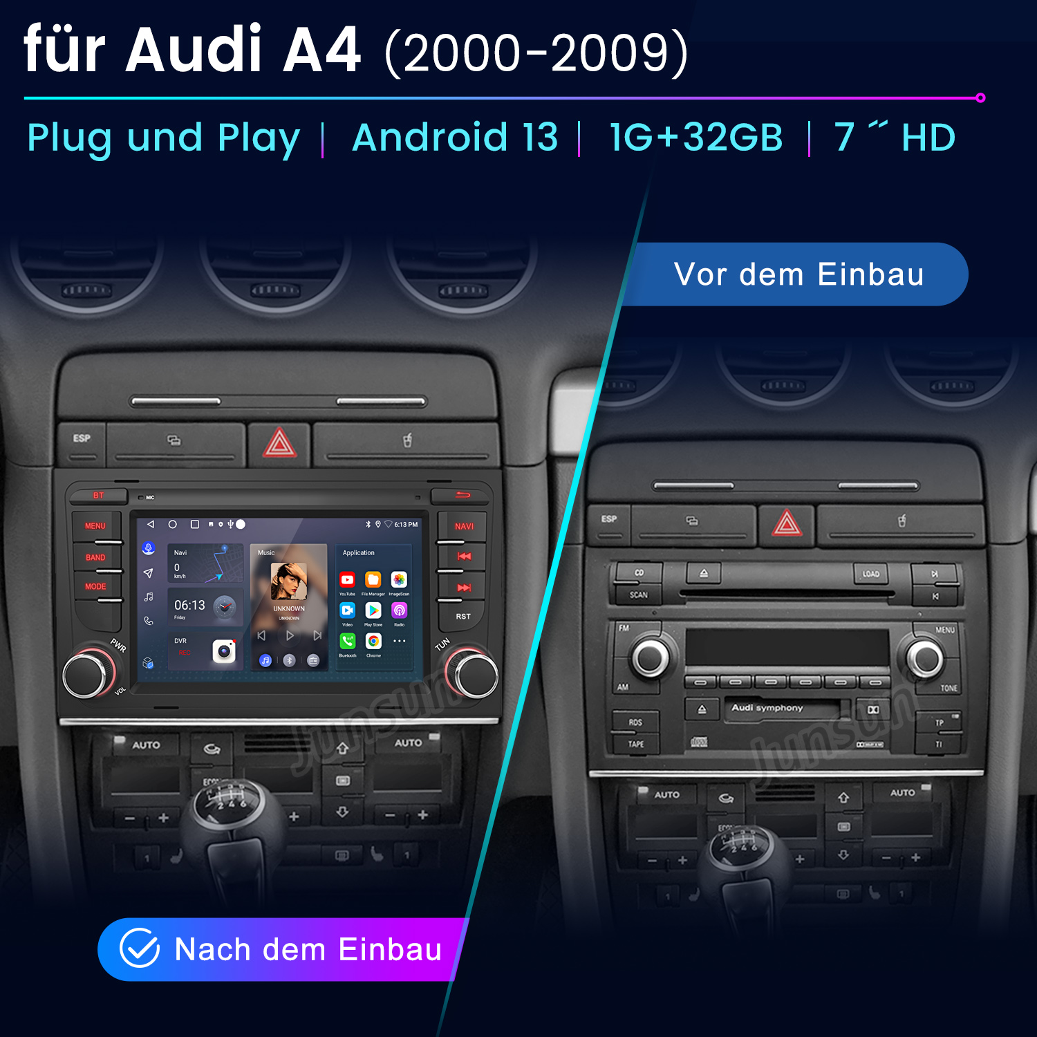 Armaturenbrett vor und nach dem Upgrade, mit Touchscreen mit Navigation und Musik.