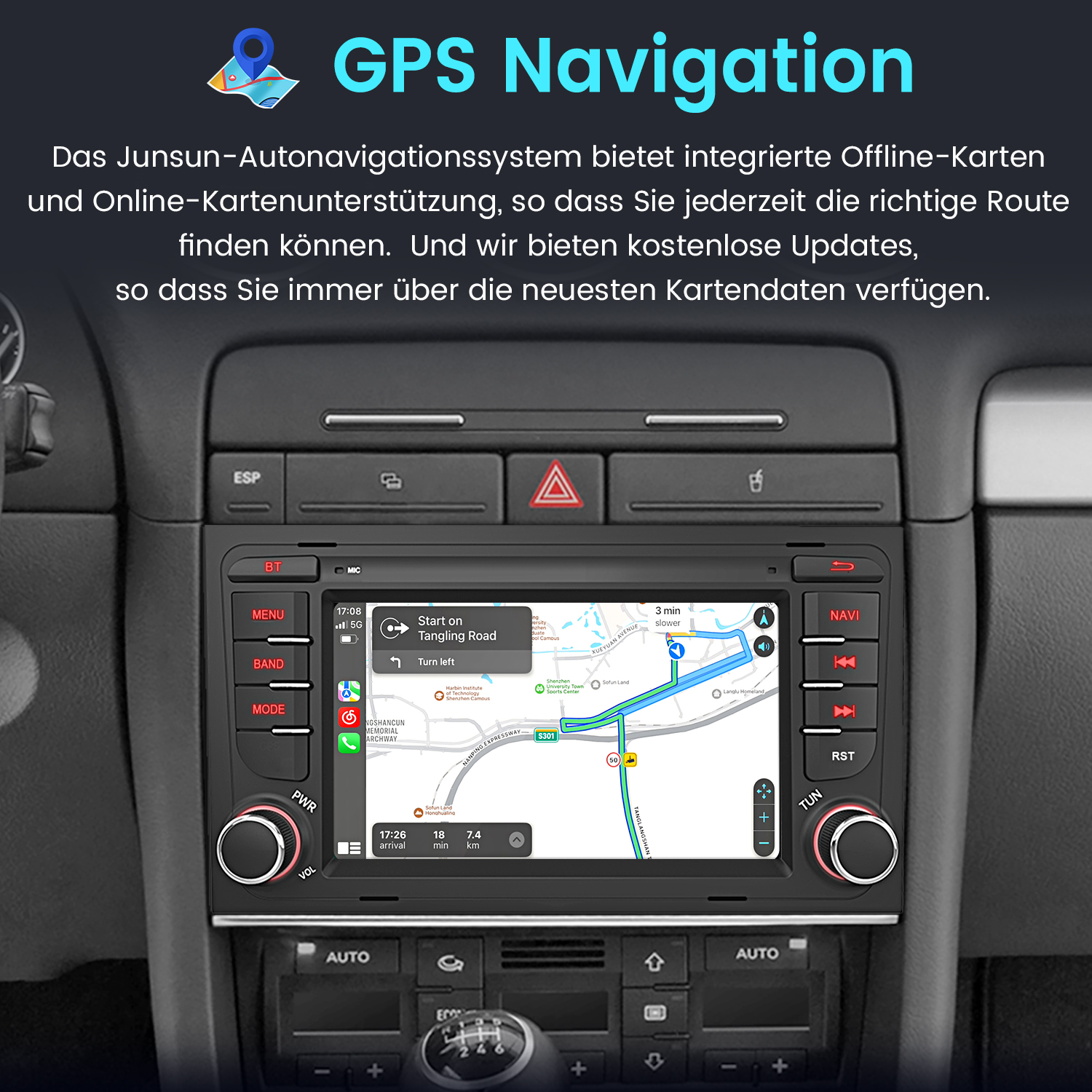 Autoradiosystem, das Navigation mit GPS-Anweisungen auf dem Bildschirm zeigt.