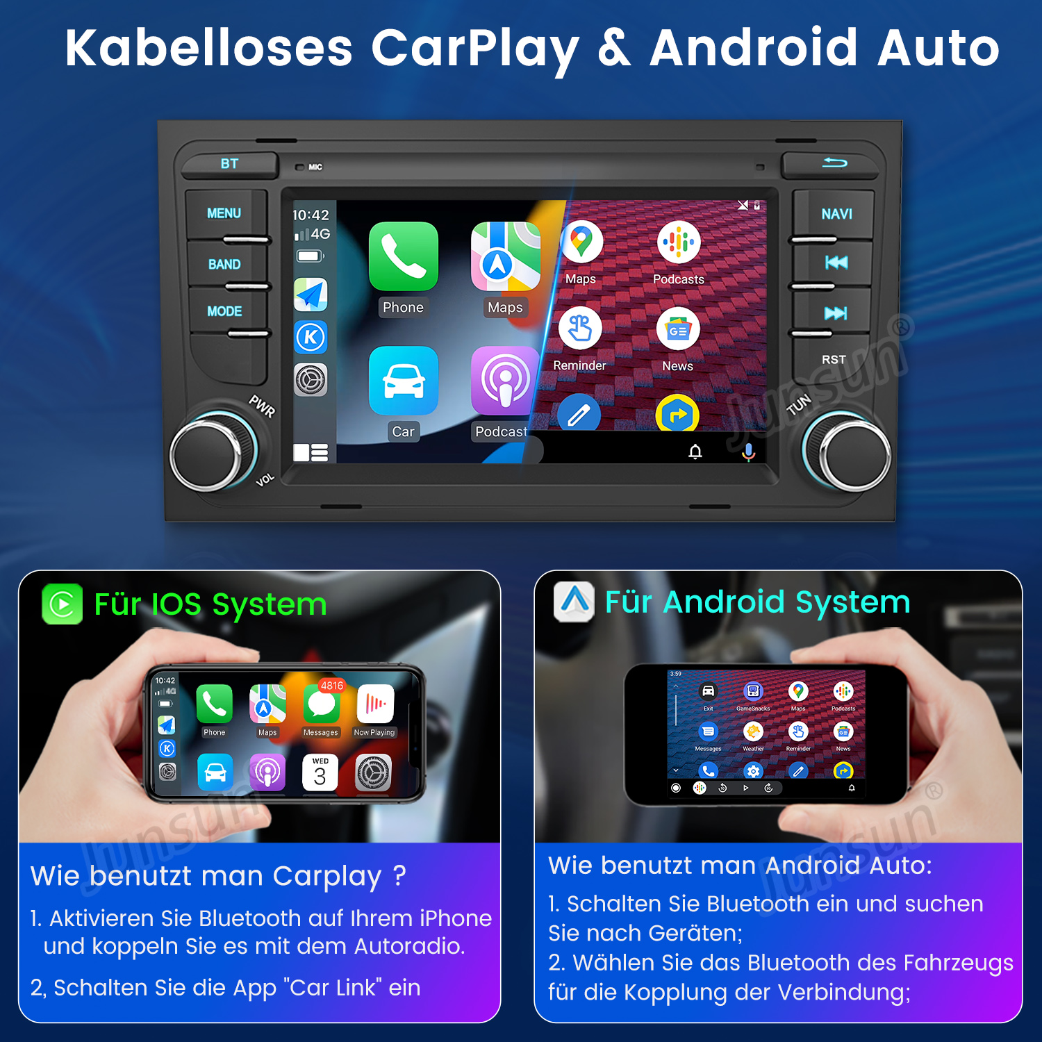 Ein Autoradio-Bildschirm mit App-Symbolen. Unten Telefone mit CarPlay und Android Auto, mit Anweisungen für jeden.