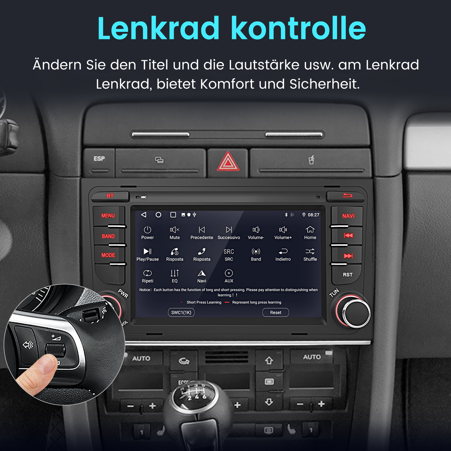 Autoradio mit Steuertasten. Anzeige mit Informationen. Eine Hand berührt eine Taste.