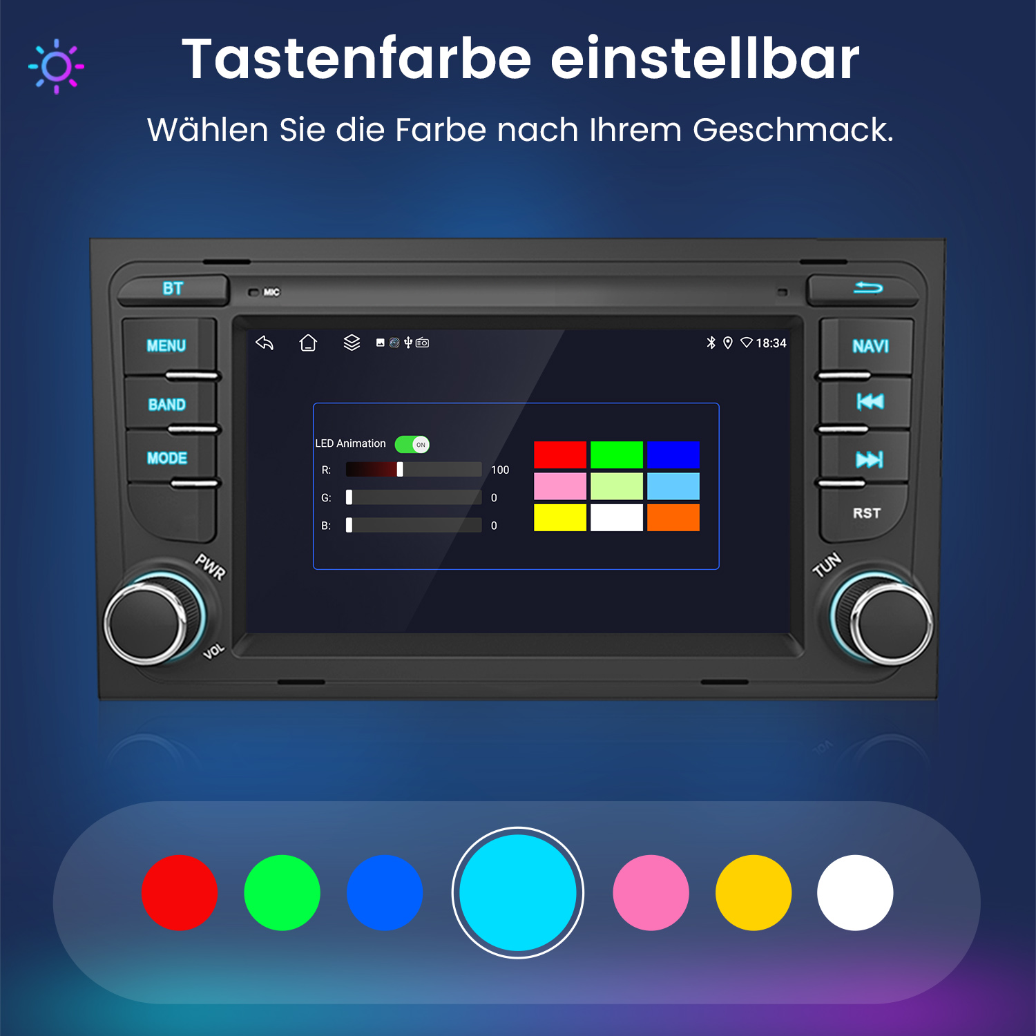Autoradio-Display mit Farbauswahl und roten, grünen und blauen Kreisen darunter auf dunklem Hintergrund.