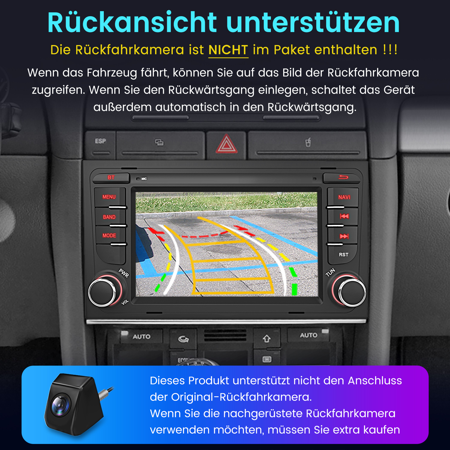 Armaturenbrett mit Display, das eine Rückfahrkameraansicht zeigt und Parkhilfefunktionen und Warnhinweise hervorhebt.