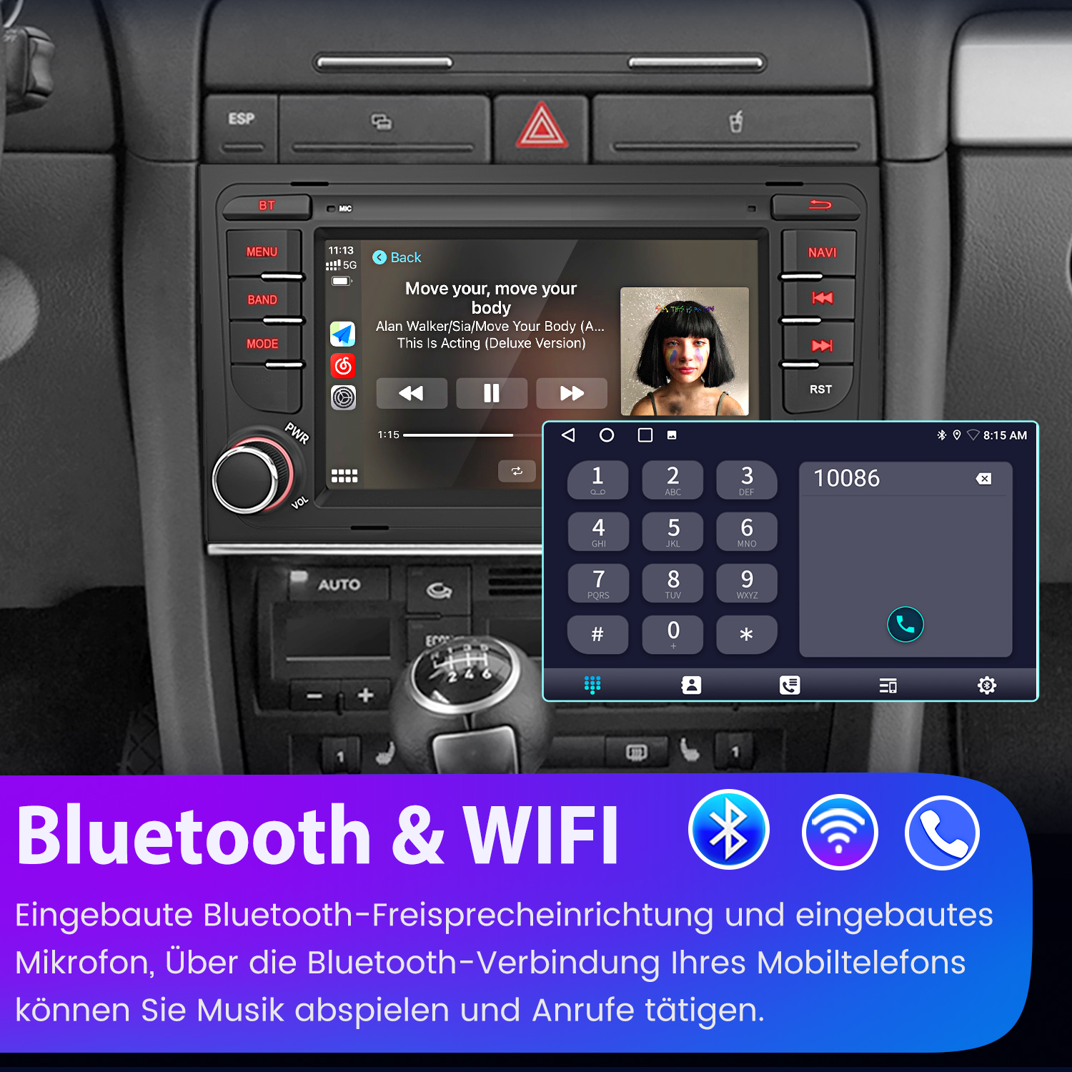 Armaturenbrett mit Bluetooth- und WLAN-fähigem Stereo, das Musik- und Telefonanrufoptionen anzeigt.