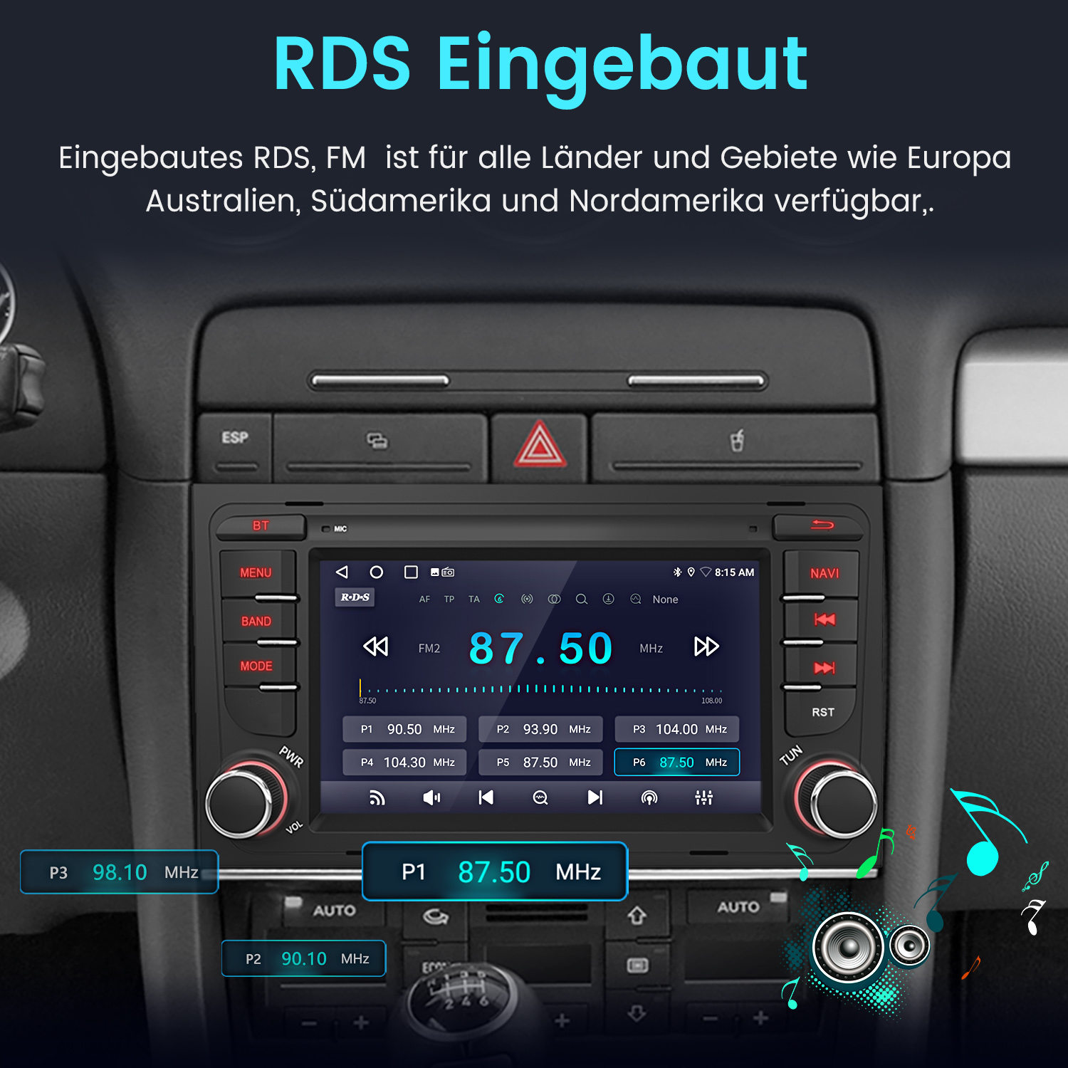 Autoradio, das Radiofrequenzen auf einem digitalen Bildschirm anzeigt, eingebaut in das Armaturenbrett eines Fahrzeugs.