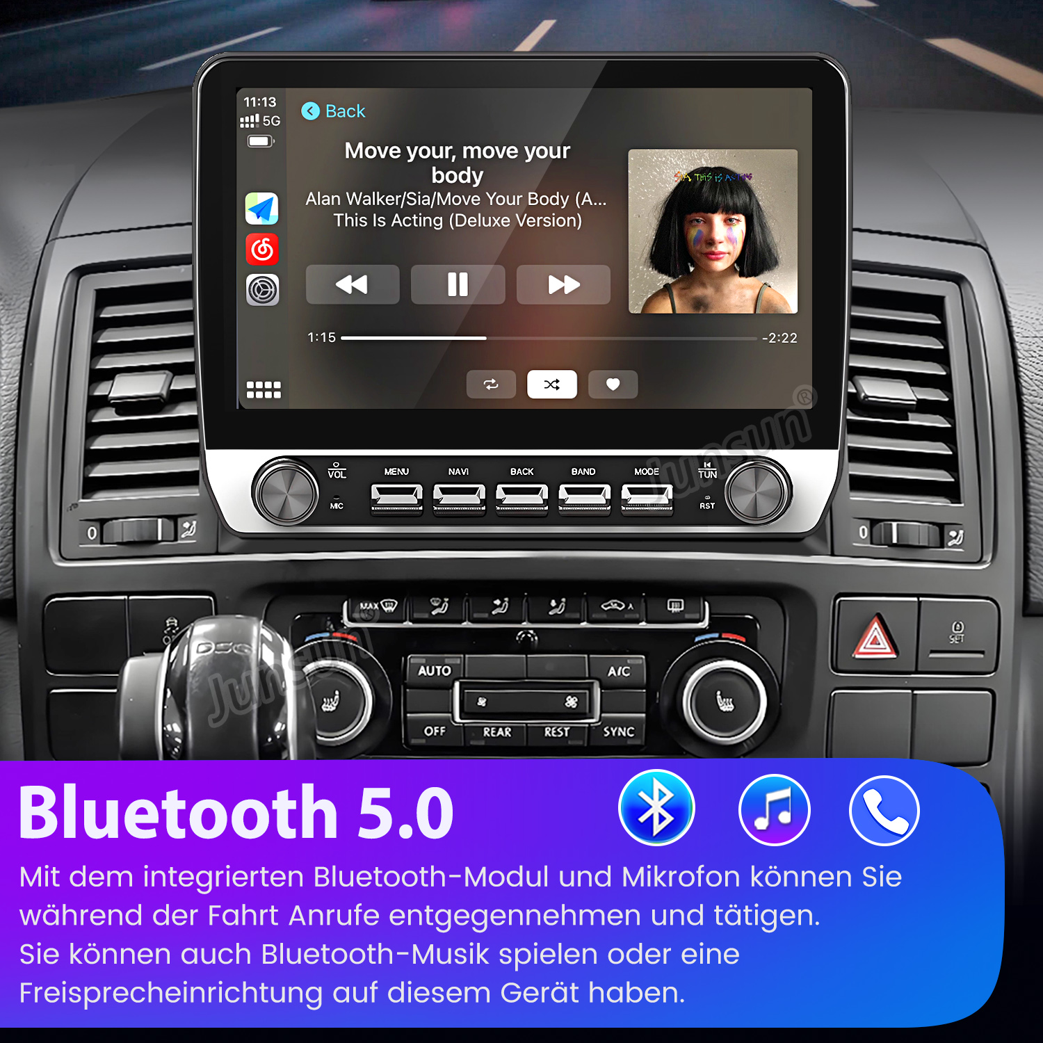 Deska rozdzielcza samochodu z radiem obsługującym Bluetooth 5.0 odtwarzającym muzykę, podkreślającym łączność dla połączeń i dźwięku.