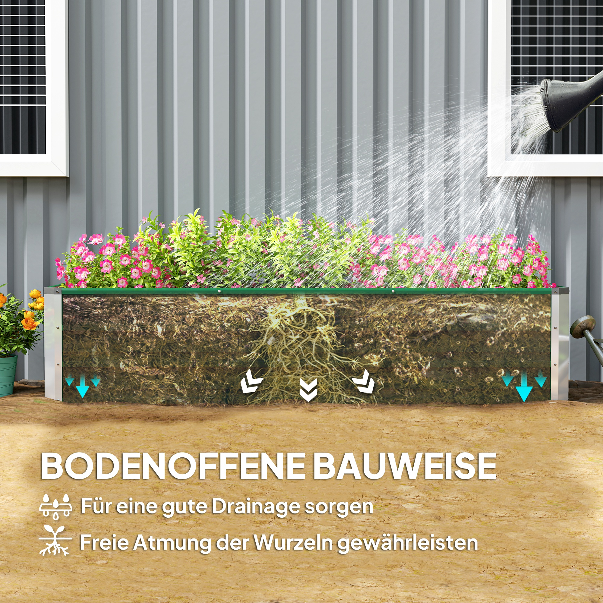 Ein Querschnitt eines Hochbeets mit Erde, Wurzeln und einem Wasserablaufsystem.