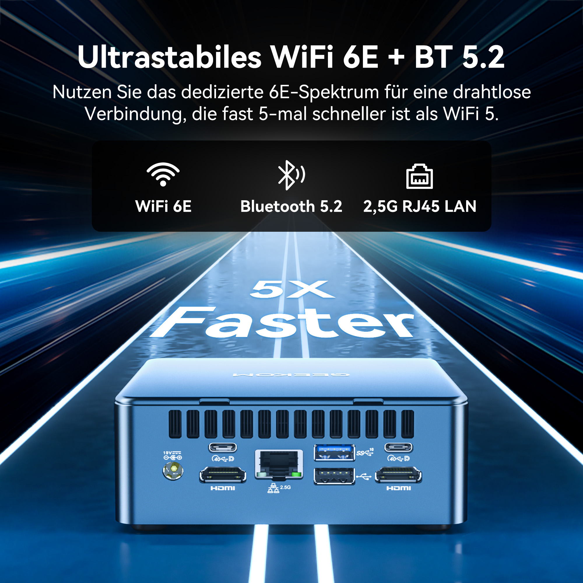 Ein blauer Mini-PC mit Beschriftungen, Text über Wi-Fi- und Bluetooth-Funktionen.