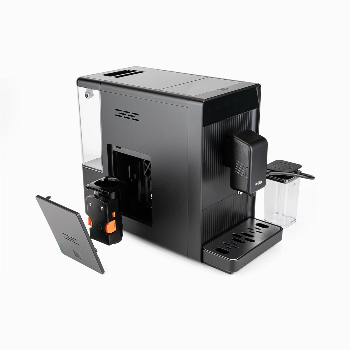 Una máquina de espresso negra con las partes separadas, lista para ser ensamblada, sobre un fondo blanco.