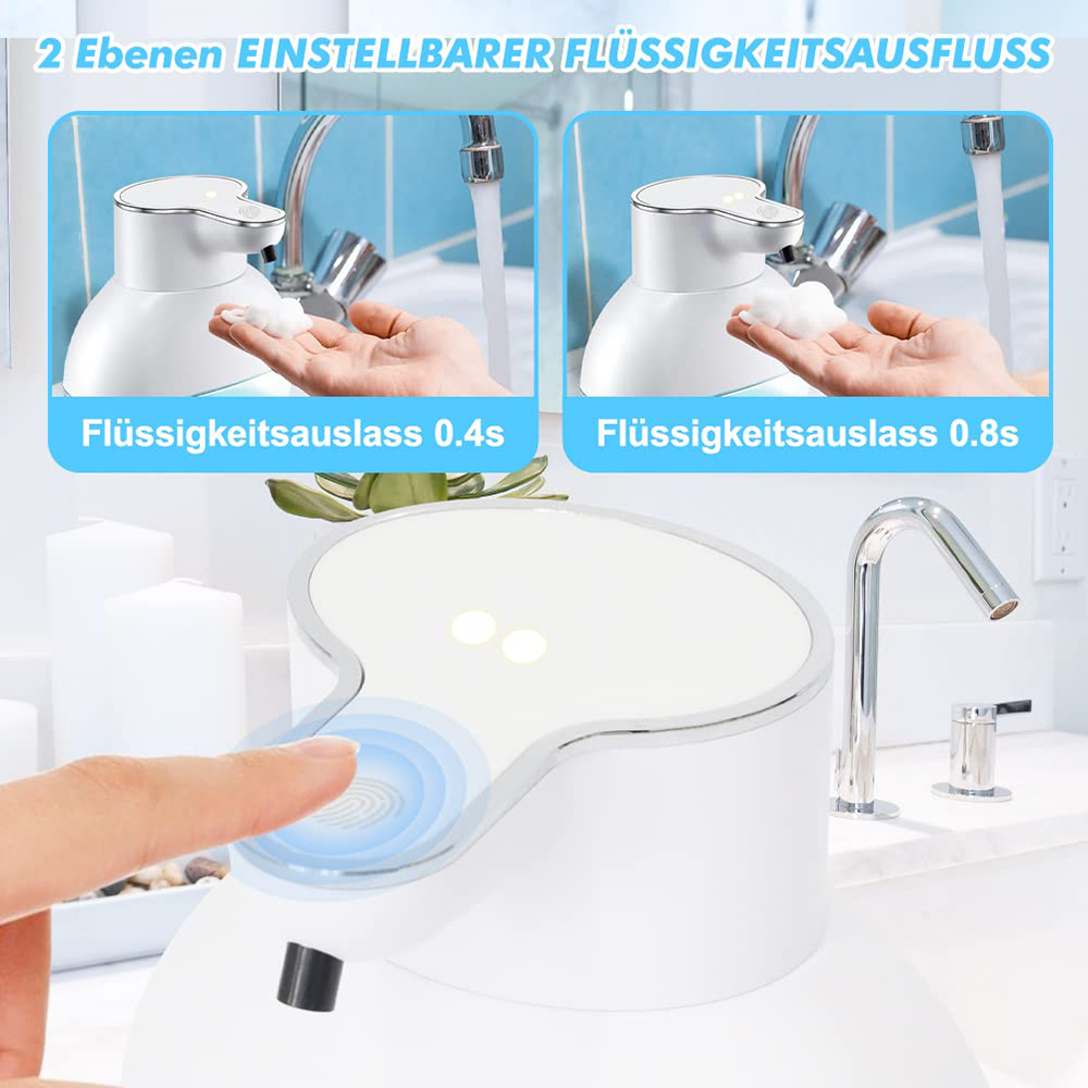 Ein weißer automatischer Seifenspender mit silbernem Deckel, der in zwei Ansichten Schaum in eine Hand abgibt.