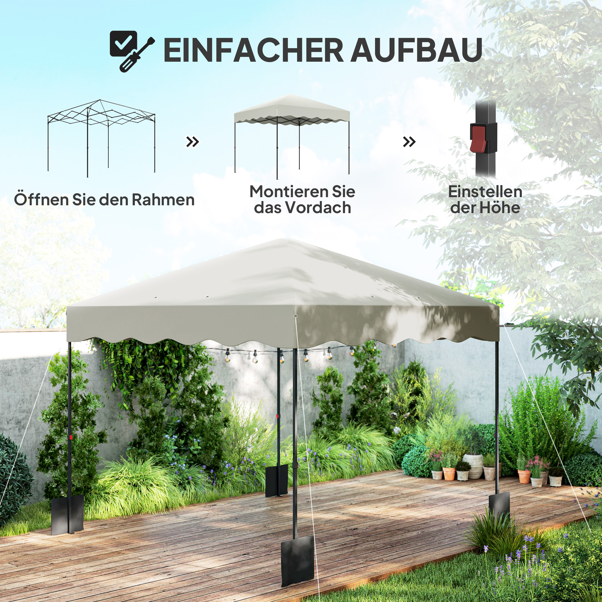 Anleitung zum Zusammenbau des Pavillons mit Text und Diagrammen. Das Hauptbild zeigt die Struktur.