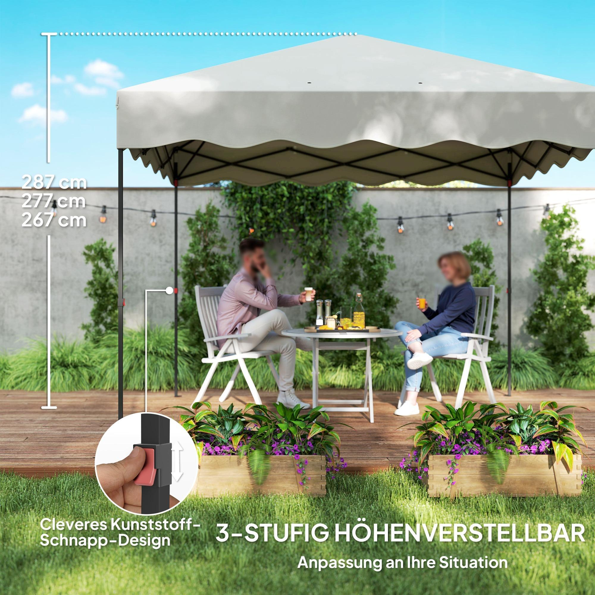 Ein Pavillon mit Maßen aufgebaut. Zwei Personen sitzen an einem Tisch; zwei Blumenkästen vorhanden. Maße angegeben.