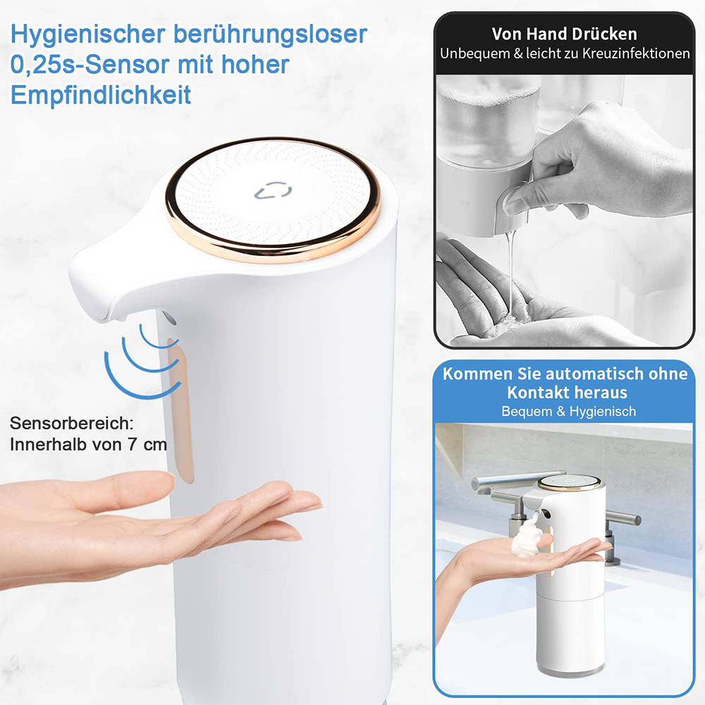 Weißer, automatischer Seifenspender mit goldenem Ring und Hand daneben. Texte und Diagramme vorhanden.