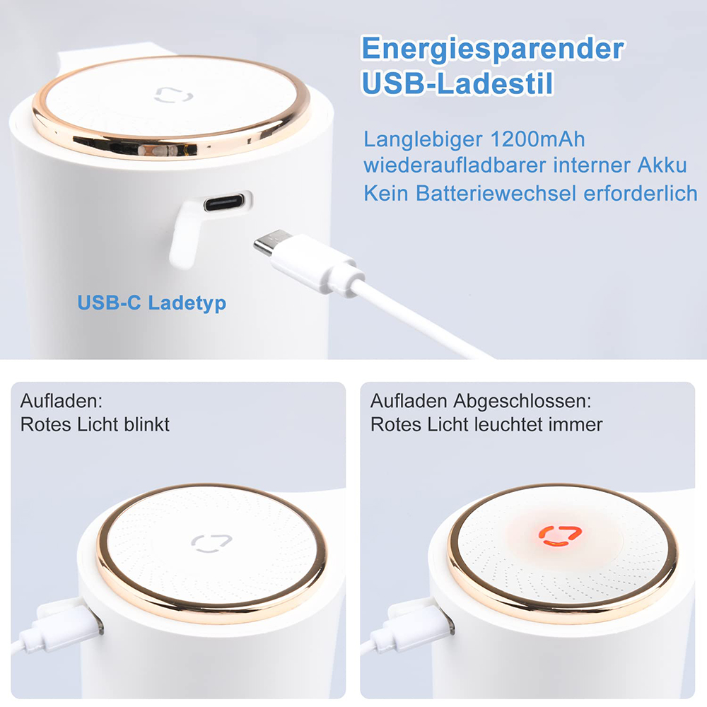 Weißer, automatischer Seifenspender mit USB-C-Anschluss. Diagramme zeigen den Ladestatus mit rotem Licht.
