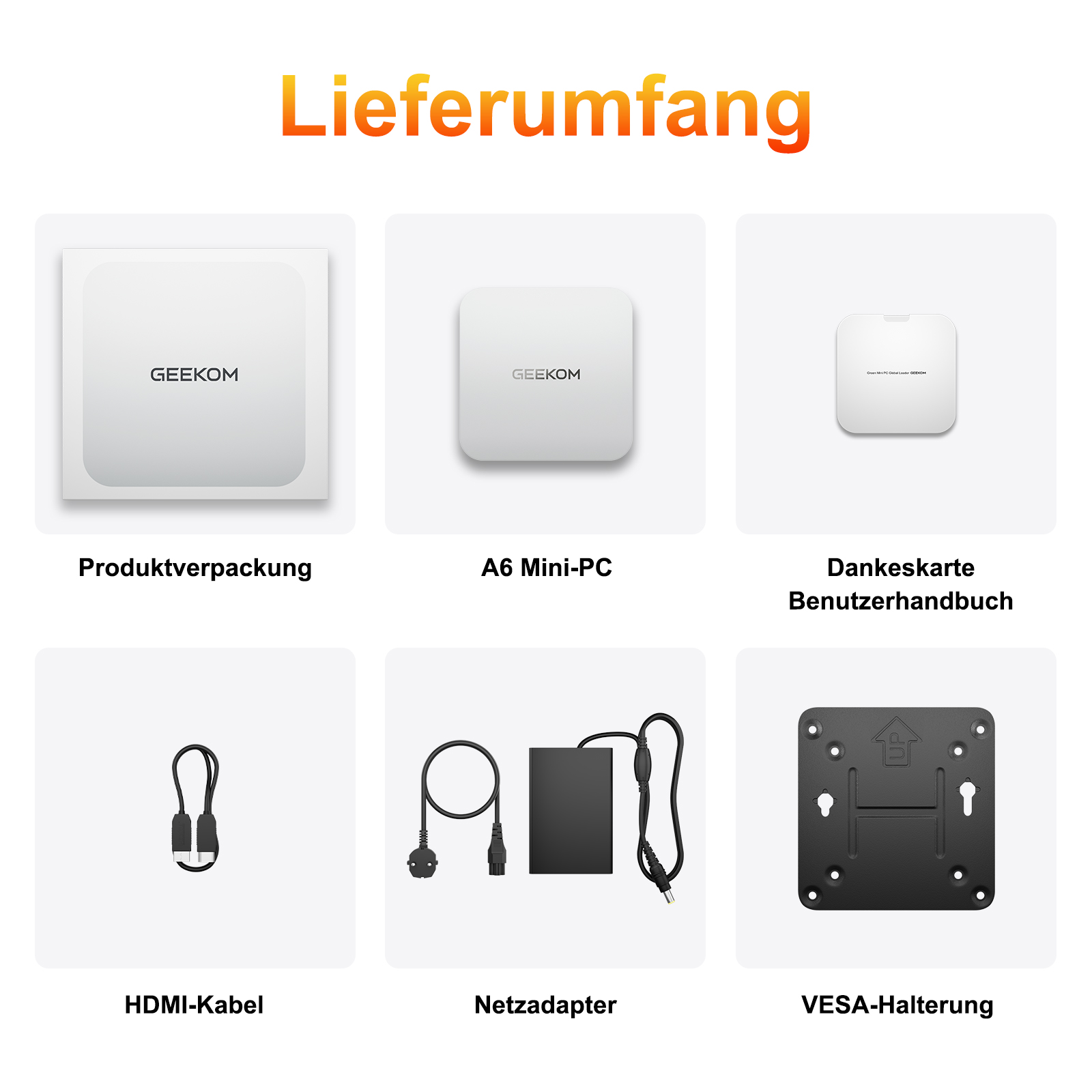 Sechs Boxen mit der Marke GEEKOM, darunter Produktverpackung, ein Mini-PC und Zubehör.