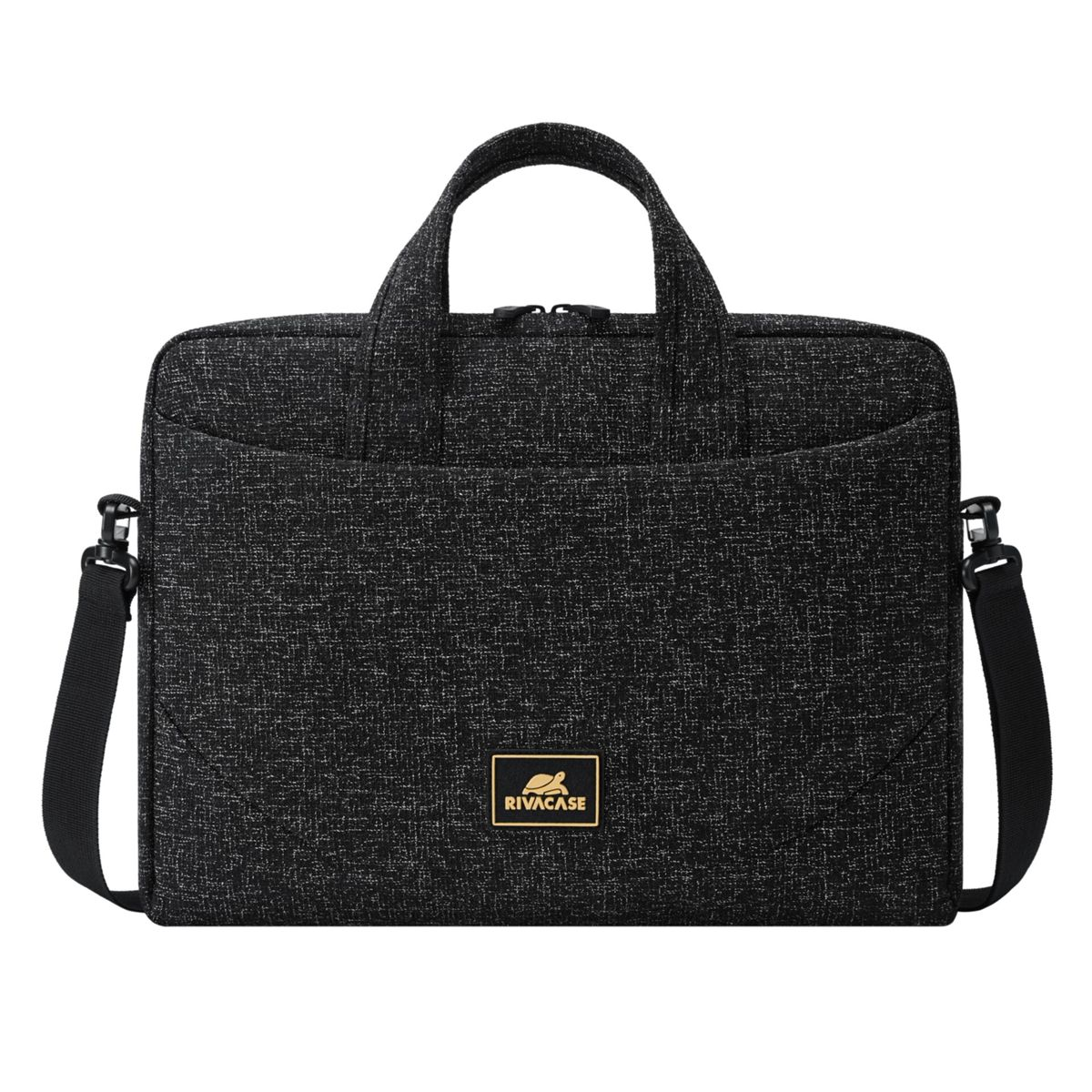Schwarze Laptoptasche mit Griff, Schultergurt und Vordertasche.