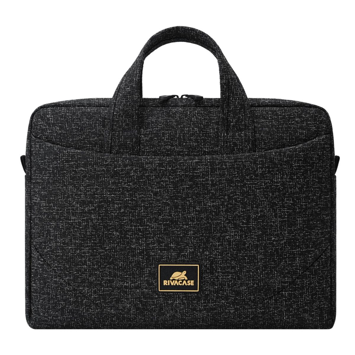 Eine schwarze Laptoptasche mit Griffen und Rivacase-Logo, mit einer strukturierten Oberfläche, vor einem weißen Hintergrund.