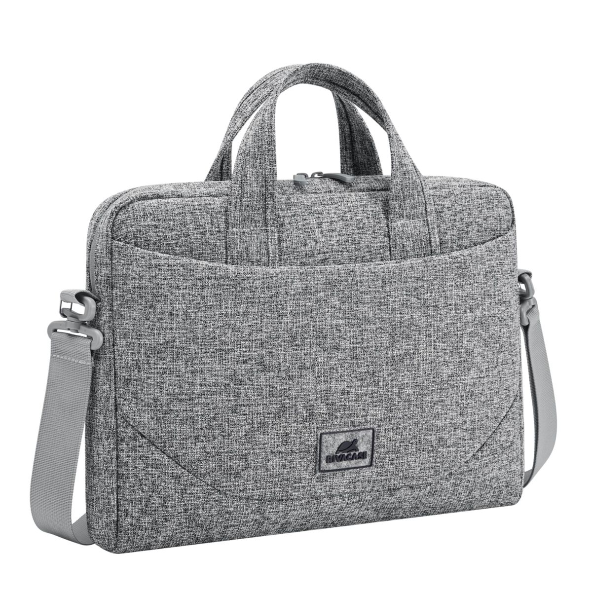 Graue Laptoptasche mit Griff, Schulterriemen und Vordertasche.