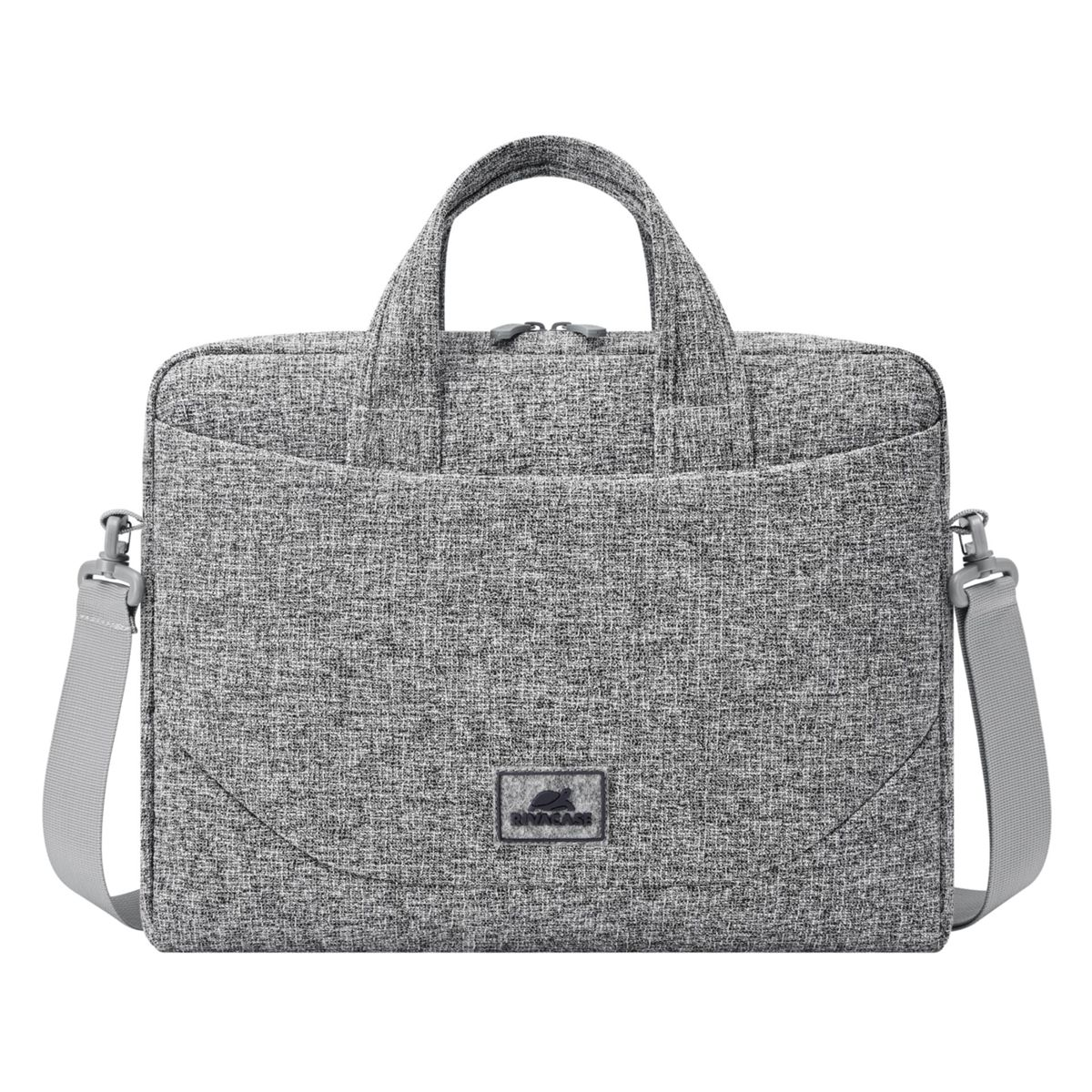 Graue Laptoptasche mit Griff, Schultergurt und kleinem Logo. Sie hat eine Fronttasche.