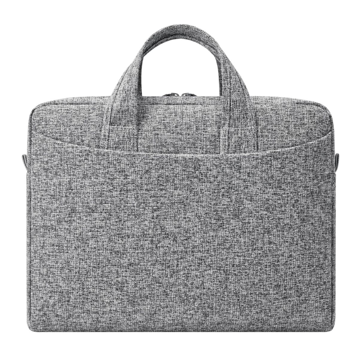 Graue Laptoptasche mit Griff. Die Tasche hat eine Fronttasche. Der Hintergrund ist weiß.