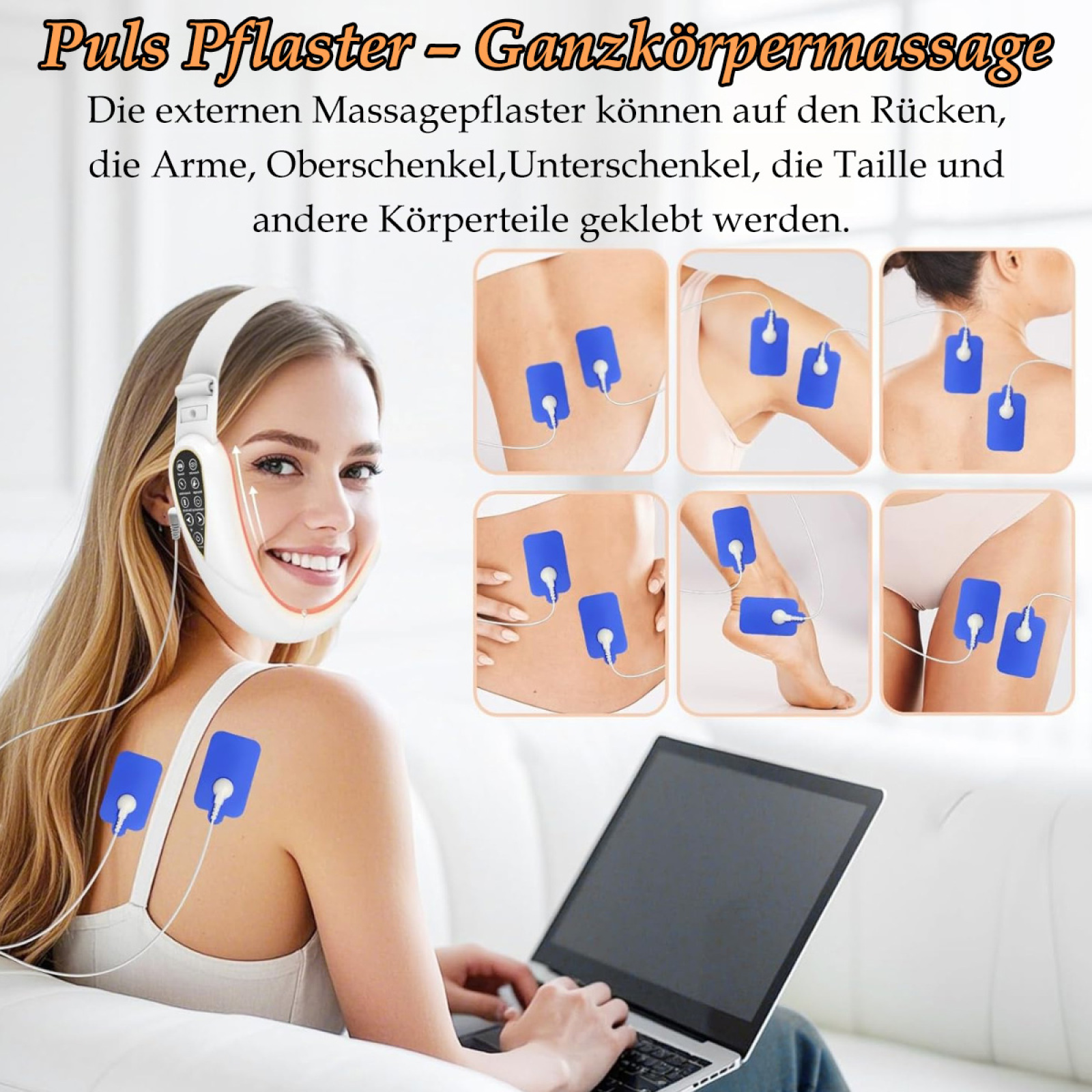 Eine Frau mit einem Gerät im Gesicht, die einen Laptop benutzt. Bilder des Geräts sind am Körper zu sehen.