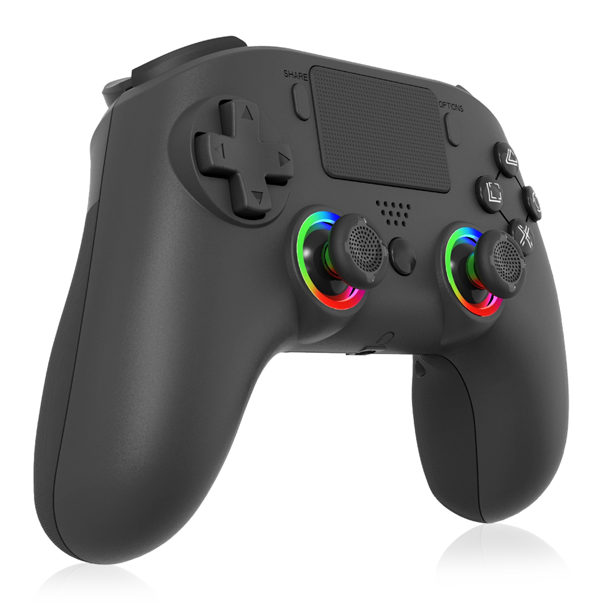 Schwarzer Gamecontroller mit bunten Lichtern um die Joysticks auf weißem Hintergrund.