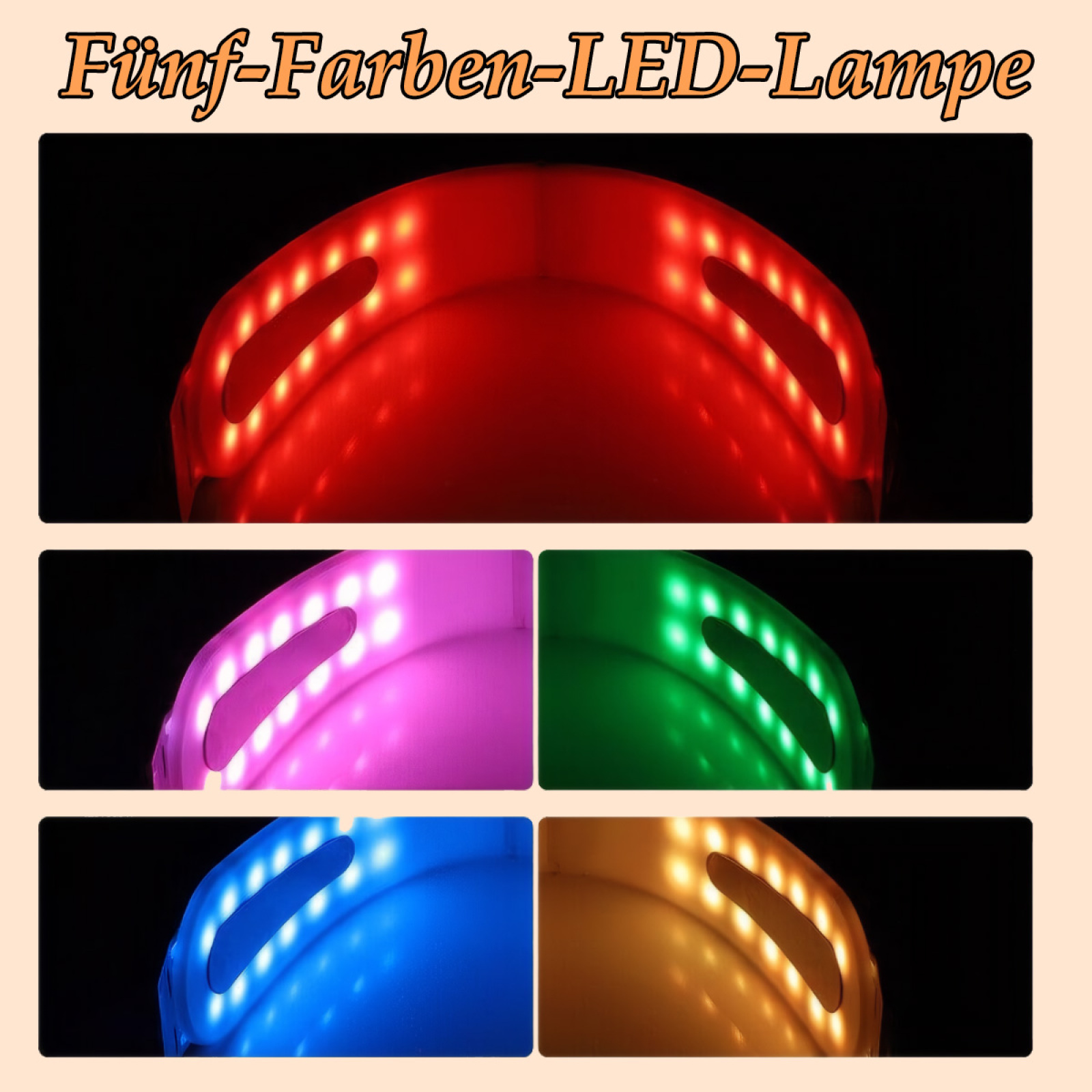 Nahaufnahme eines Geräts mit fünf Farben von LED-Leuchten. Die Farben sind rot, rosa, grün, blau und gelb.